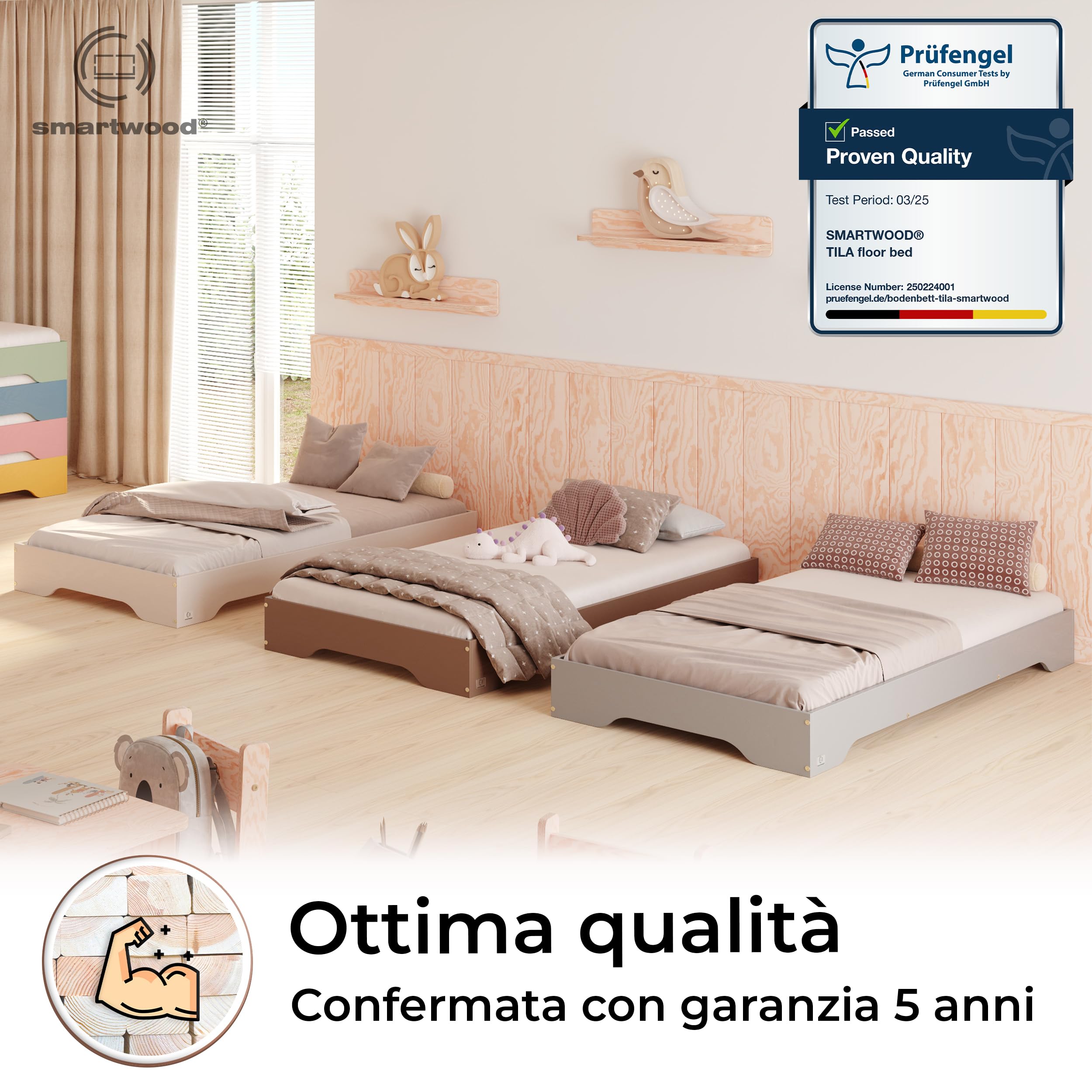 smartwood Lettino Montessori 80x180 cm - Letto Bambini in Legno di Pino certificato FSC con Rete a Doghe - portata 230 kg - Per Bambino e Bambina - Montaggio semplice - TILA 7