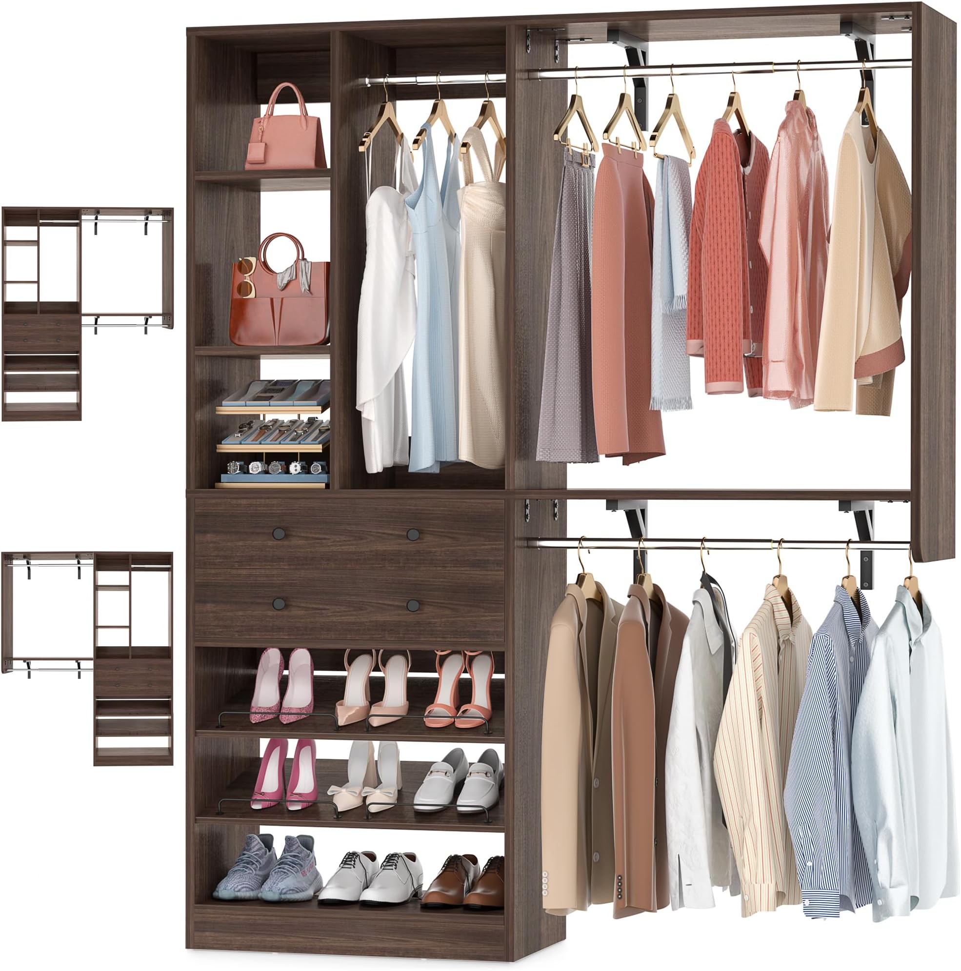 Closet System - 5FT Small Closet System with Drawers, 60" Closet Organizer System with Reversible Hanging Shelving, Closet Systems for Small/Walk-in Closets, Black Walnut