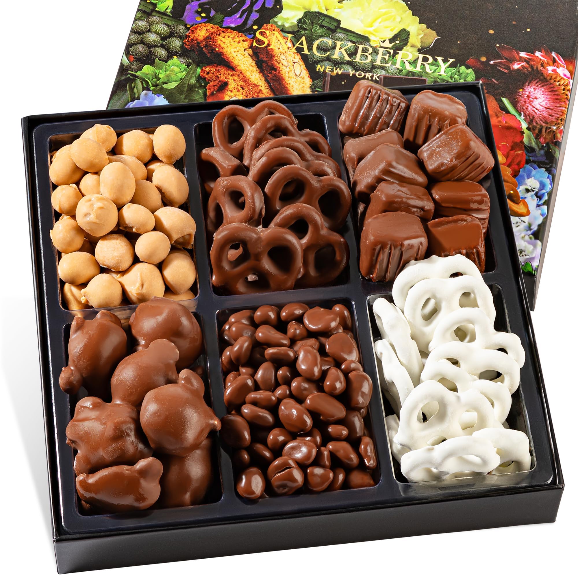 6-Pack Snackberry Premium Chocolate Gift Box – Gourmet Assortment with Chocolate Pretzels, Maple Nuts, Yogurt Pretzels & Milk Chocolate Caramels – Perfect for Holidays, Birthdays & Corporate Gifts