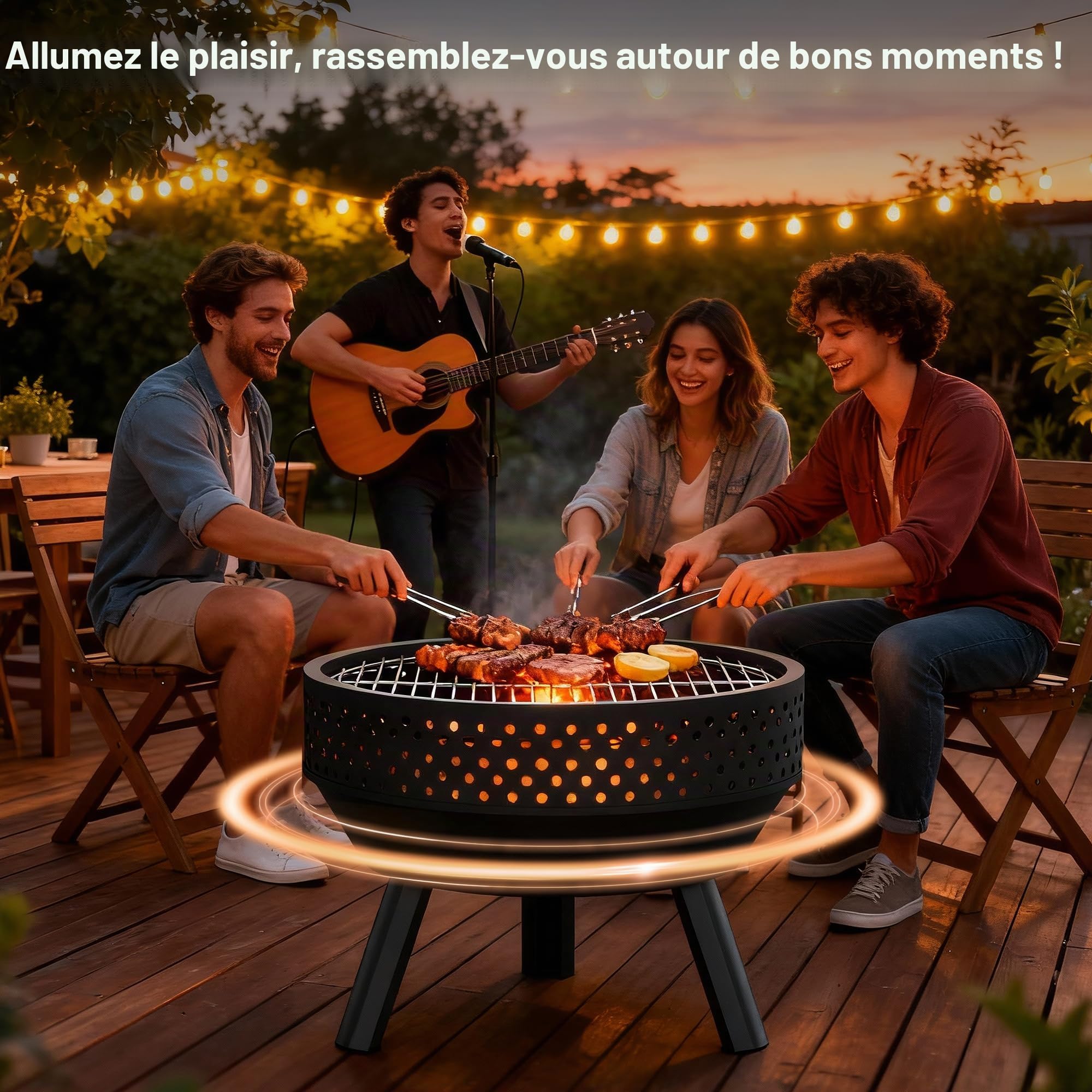 Brasero Extérieur 54.6 cm avec Grille de BBQ, Foyer Multifonctionnel Portable à Bois avec Sac Etanche et Tisonnier, pour Extérieur, Feu de Camp et Camping, Incinerateur de Jardin