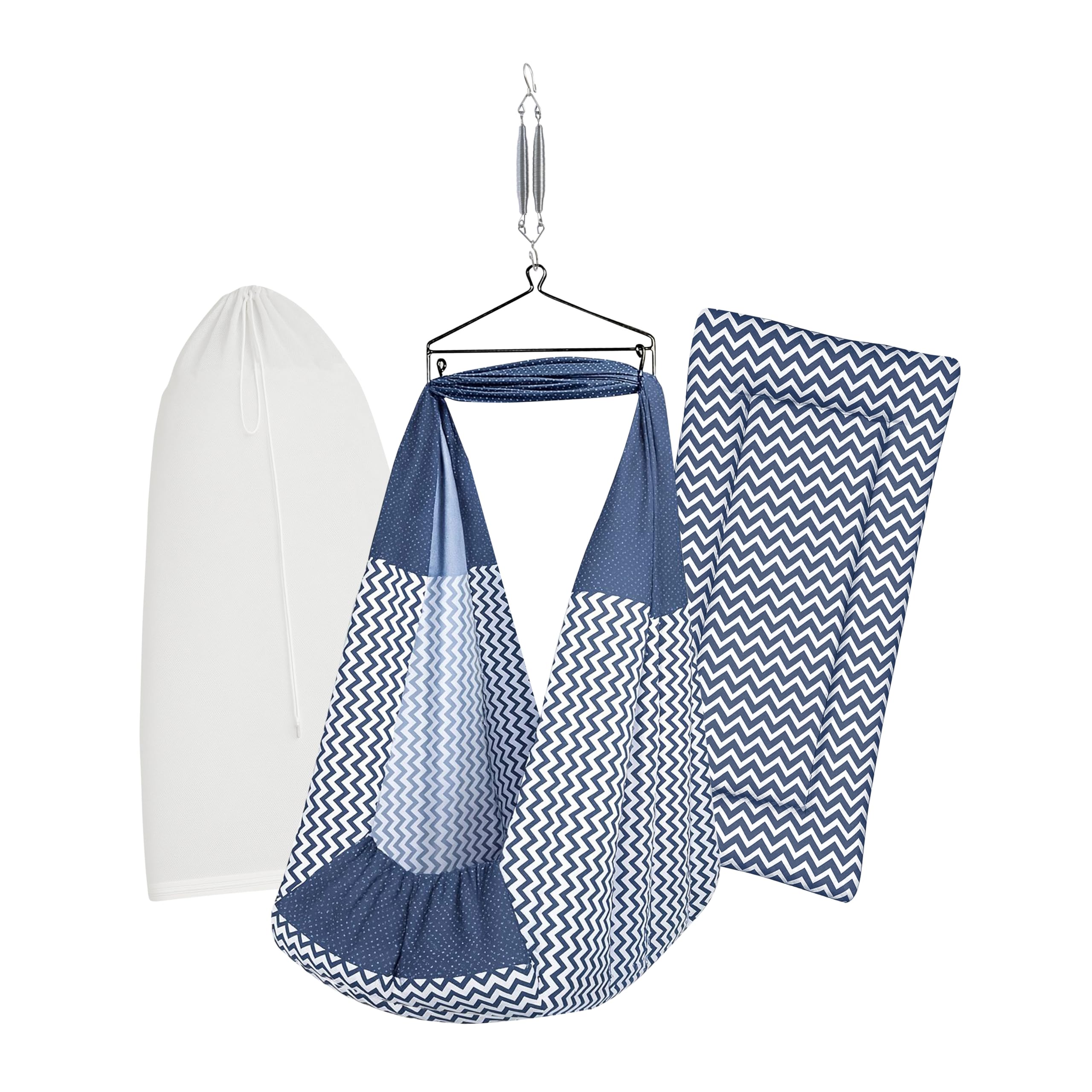 beetot Baby Cradle Set Swing/Jhula (Thottil Cloth, Palna, Dolna) | Hanging Cradle with Removable Bed, Mosquito Net, Spring, Triangle Hanger | Up to 15 kg | PRE-Navy PRINT-15983