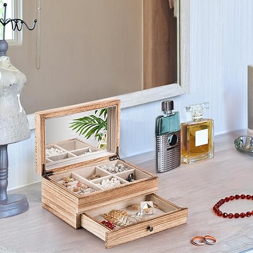 Vista 6 de Tebery Joyero organizador de madera rústica con espejo para niñas y mujeres, 2 capas grande de almacenamiento de joyas vintage con bandeja