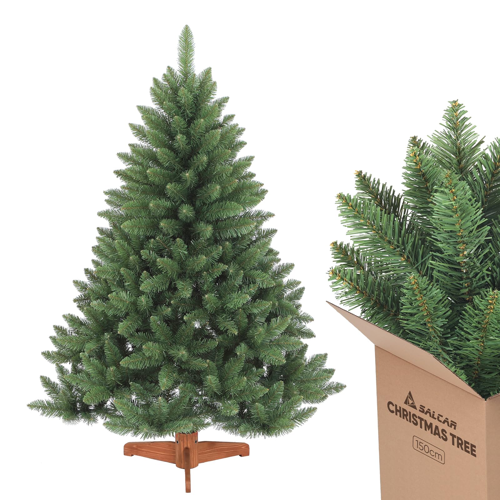 SALCAR Sapin de Noël Artificiel de 150 cm (1,5 m) avec Support en Bois, Sapin Nordmann Vert, diamètre d’env. 106 cm