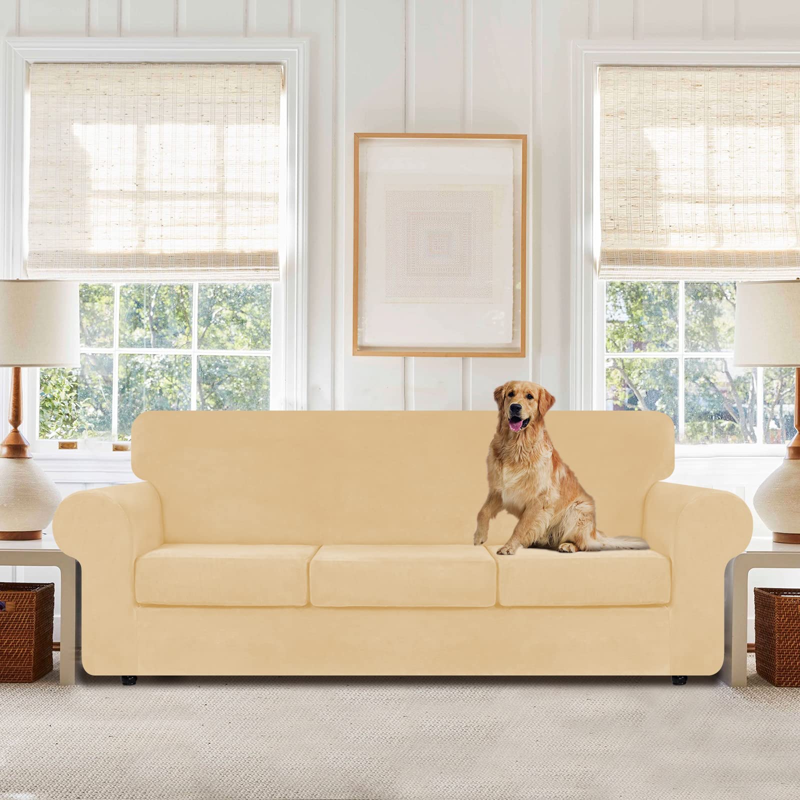 WEERRW 4 Pieces Velvet High Stretch Couch Covers for 3 Cushion Couch