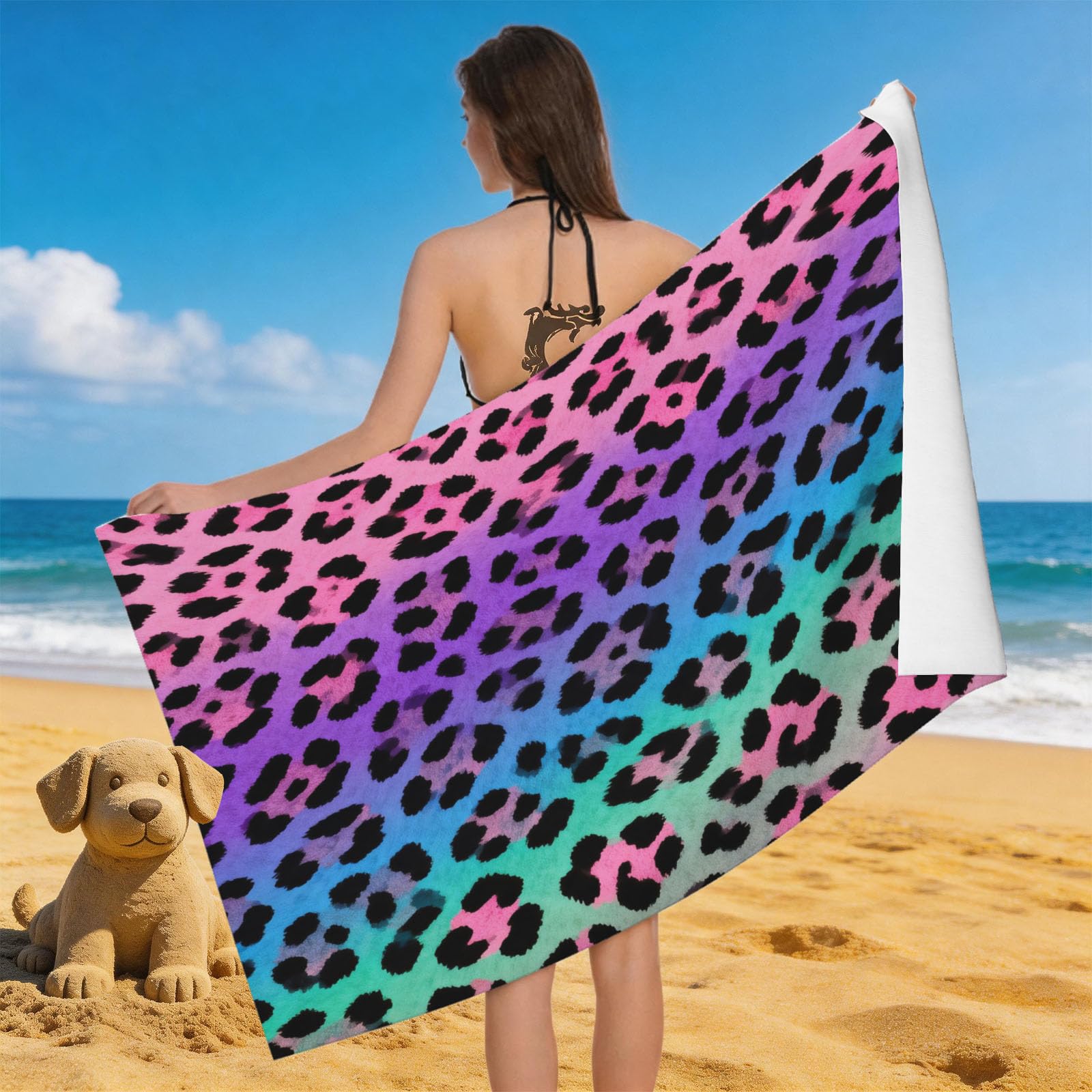 Leichong 3D Colorful Leopard Print Beach Towel Microfiber Soft Quick Dry for Adults, Romantic Bath Towel Lightweight Soft Absorbent for Travel Swimming Pool Sports, 75 x 150 cm