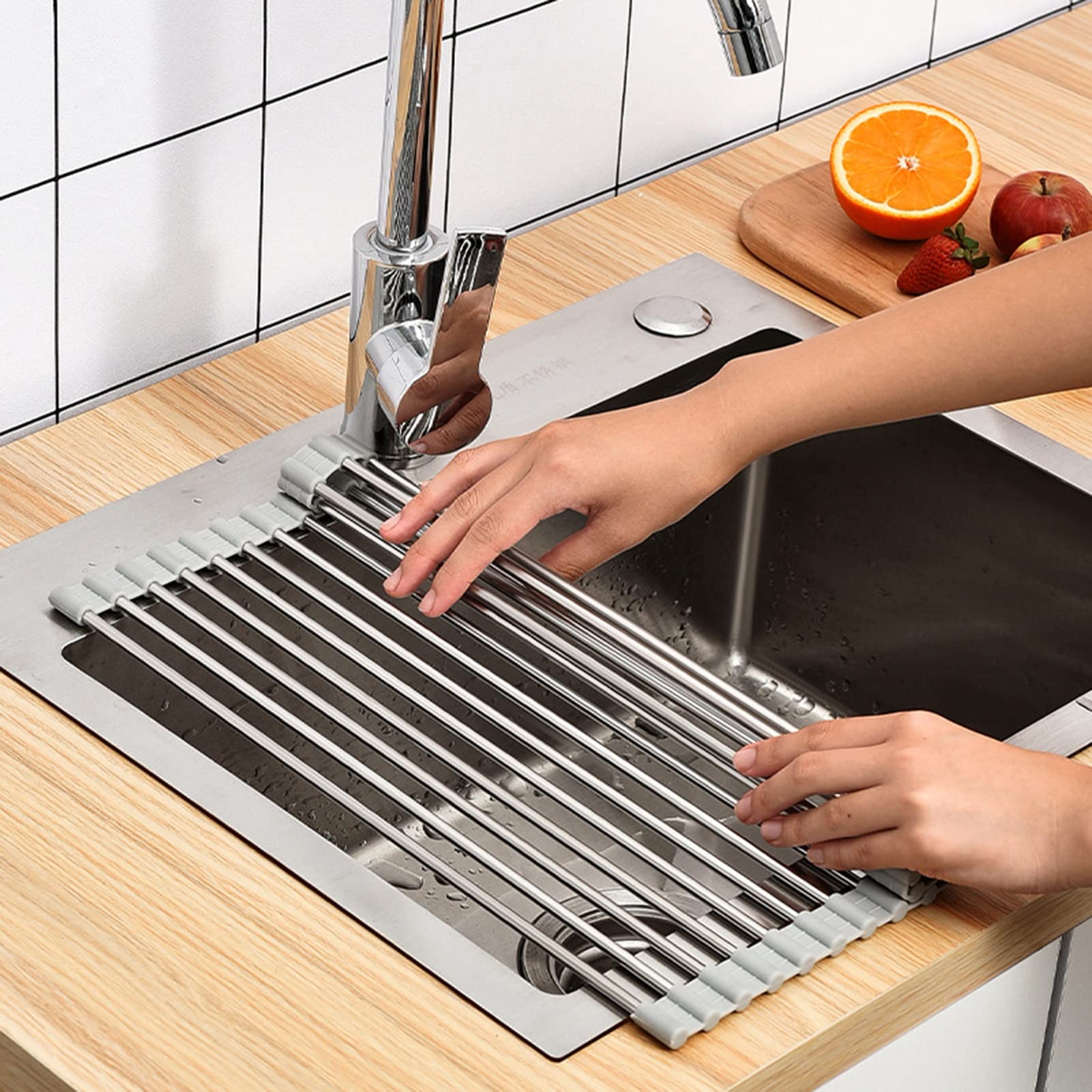 Escurridor de platos de silicona ajustable para frutas y verduras, colador de fregadero (52,5 x 40,5 cm), ahorra espacio, fácil de limpiar, duradero y versátil
