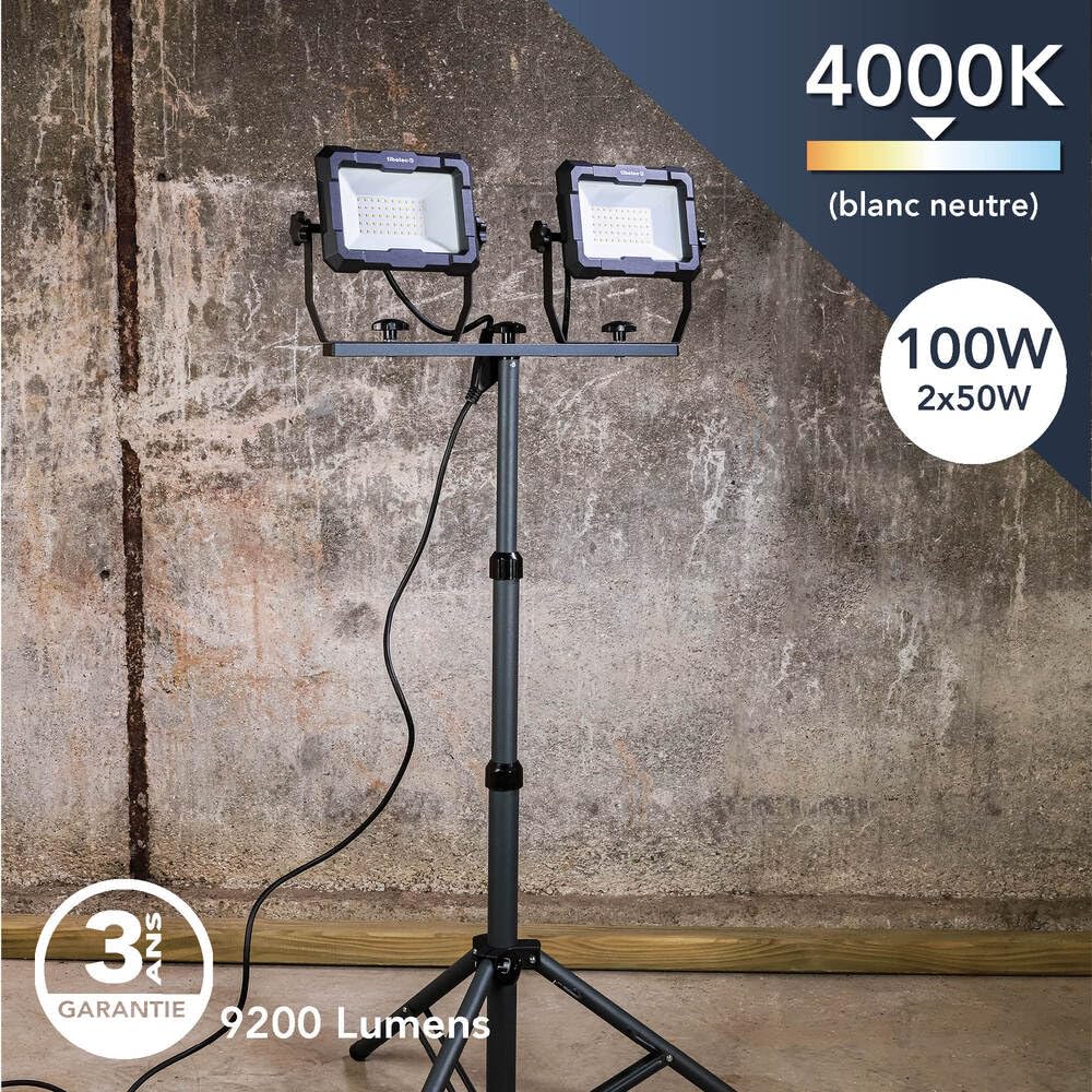 TIBELEC, 347780, Projecteur LED de Chantier, 2 x 50W, 2 x 8200lm, Blanc neutre « lumière du jour », +/- 30 000h, Classe I, Indice de protection : IP65, Orange et noir, 180cm