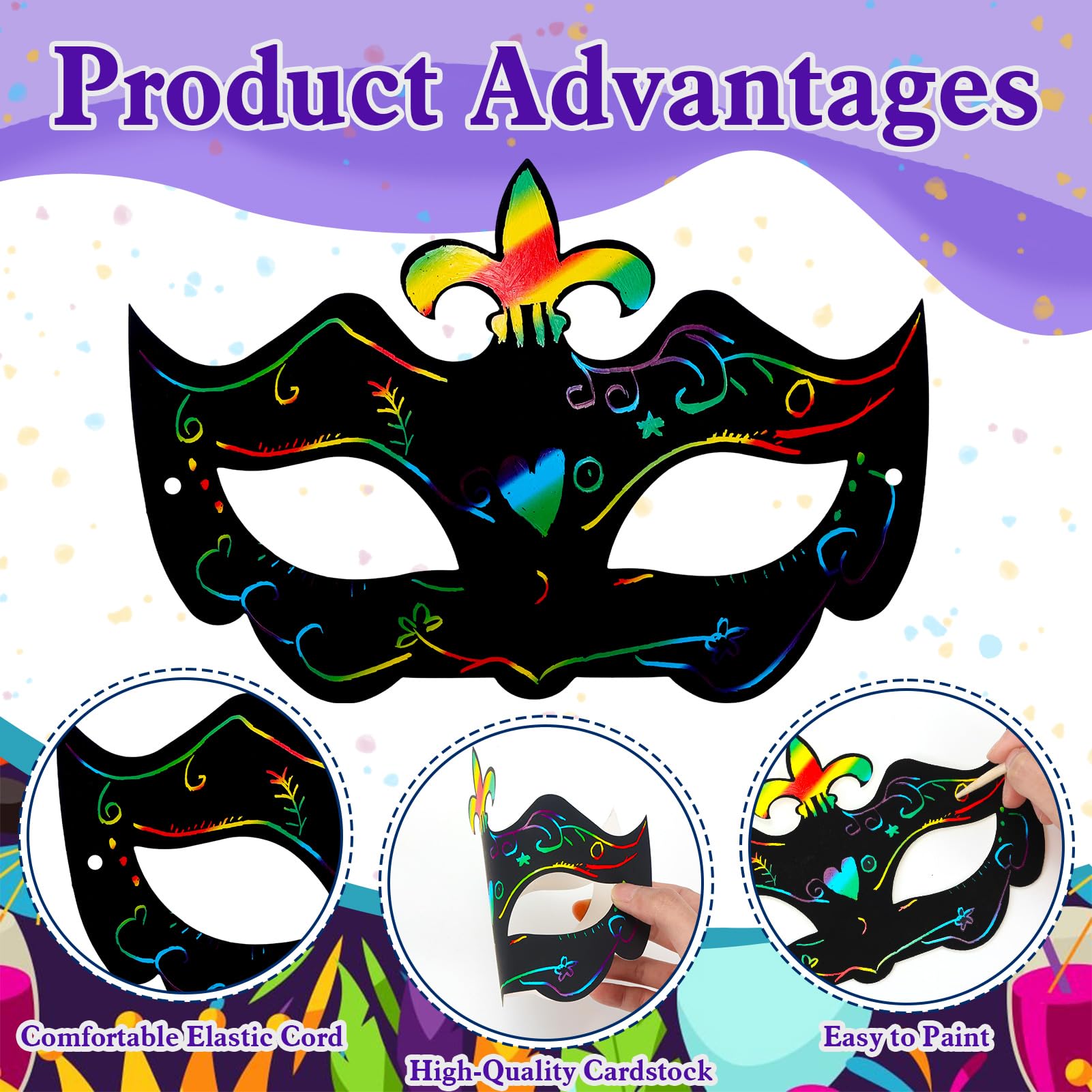 Qpout 18 PCS Mardi Gras Scratch Masks Making kit Rainbow Scratch Paper Mask Craft for Mardi Gras Party Decorations Party Supplies and Carnival Crafts - Image 3