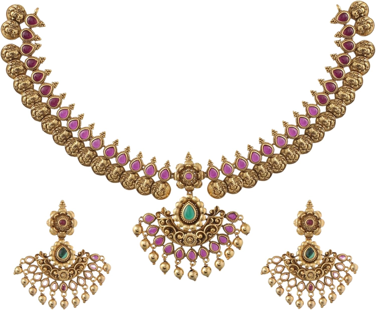 TARINIKA Antique Coin Temple Necklace Set - Gold Plated Brass, Goddess Lakshmi, Kempu & Pearl Stones with Earrings for Women Indian Jewelry Set Desi Necklace Traditional Jewellery