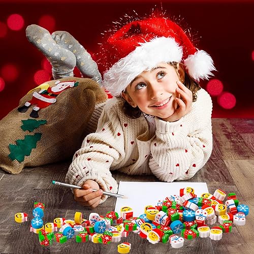 Miniatura 5 de YGAOHF 400 mini borradores de Navidad para niños a granel, lindos borradores de árbol de Navidad de Papá Noel, muñeco de nieve, regalos de Navidad,