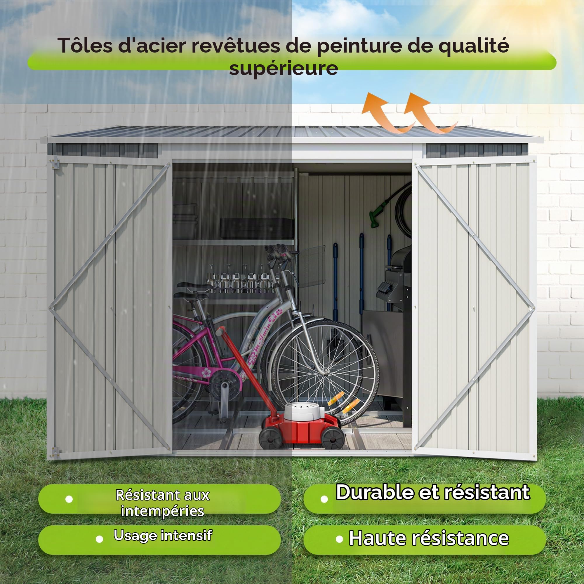 Abri de jardin en acier galvanisé avec double porte et porte latérale, résistant aux intempéries, avec kit de sol et serrure verrouillable, environ 262 x 180 x 201 cm