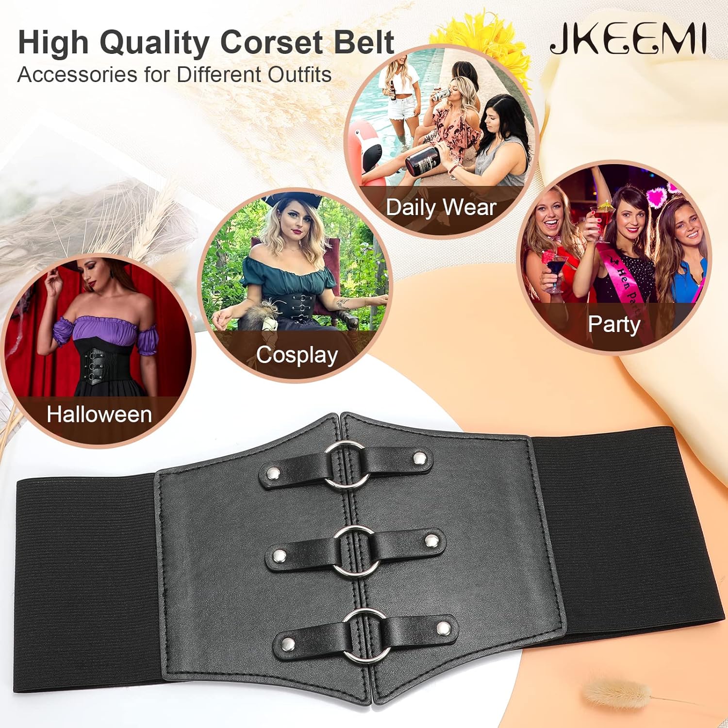 Women Corset Belt Metal O-Ring Heart-Ring Wide Elastic Waspie Waist Belt for Daily Cosplay Halloween Costumes - Image 6