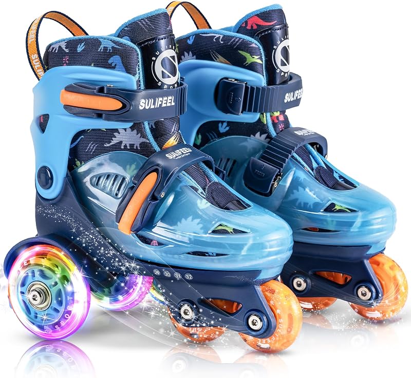 SULIFEEL Adjustable Roller Skates for Girls Boys Kids,Fun Illuminating Light Up Flash Wheels Three-Point Type Balance Suitable for Beginners Indoor Roller Skating