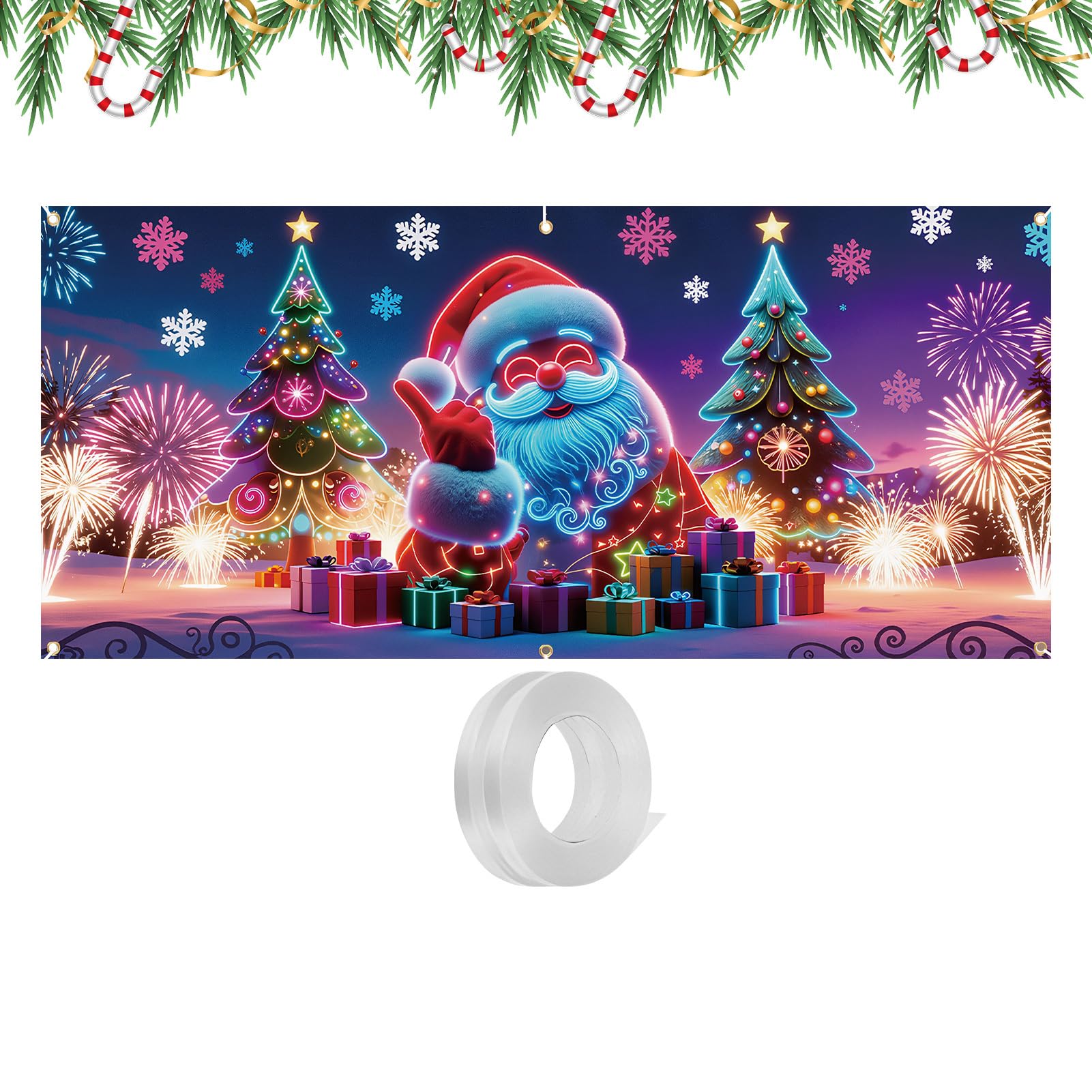 Bannière de Noël pour porte de garage 4 x 1,8 m avec effet fluorescent UV