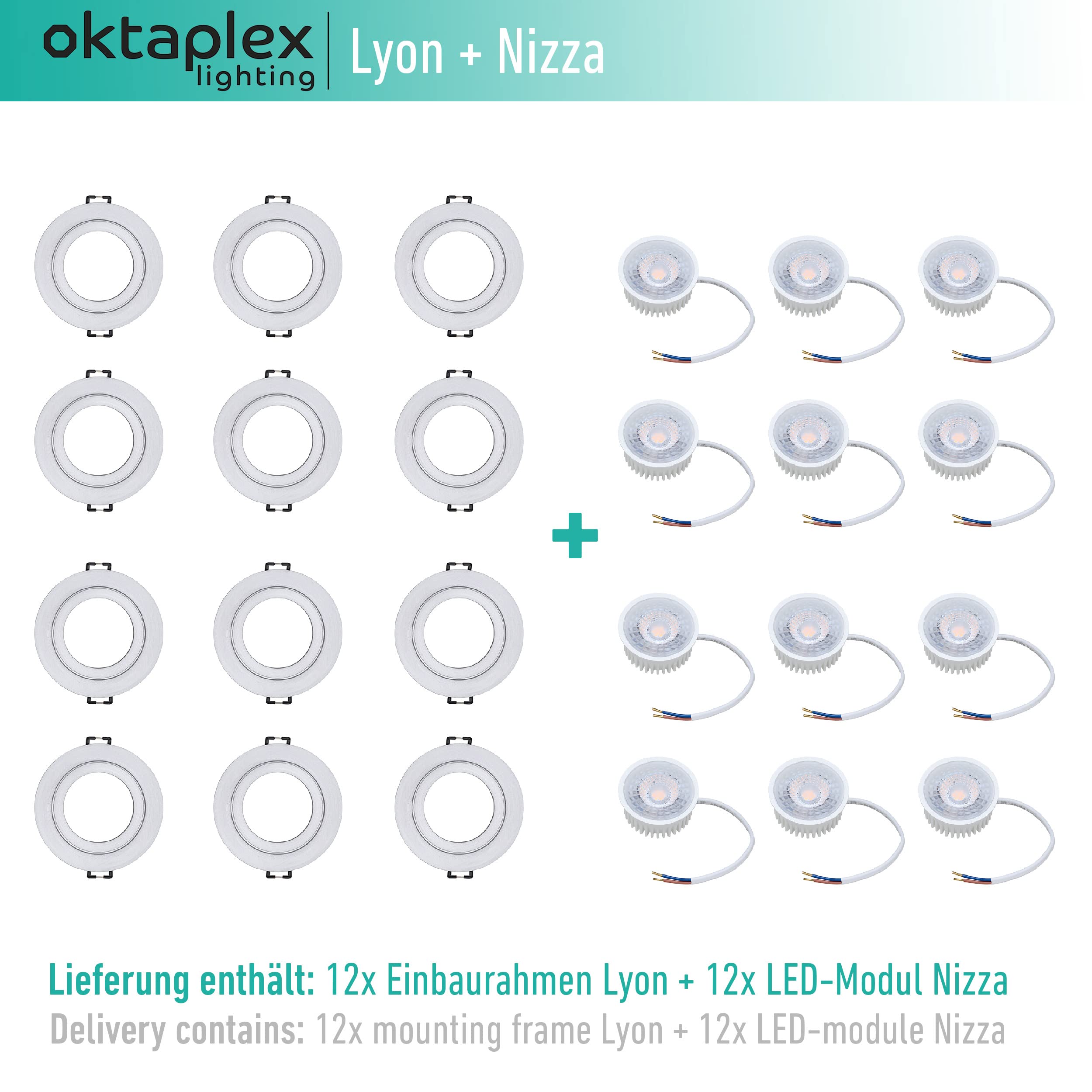 Oktaplex 12er Set Einbaustrahler mit LED Modul Aluminium Lyon 4,8W | 3000K Warmweiß, 230V, 380lm, 110°, Einbaudurchmesser 68 mm Deckenspots LED Spots Rund