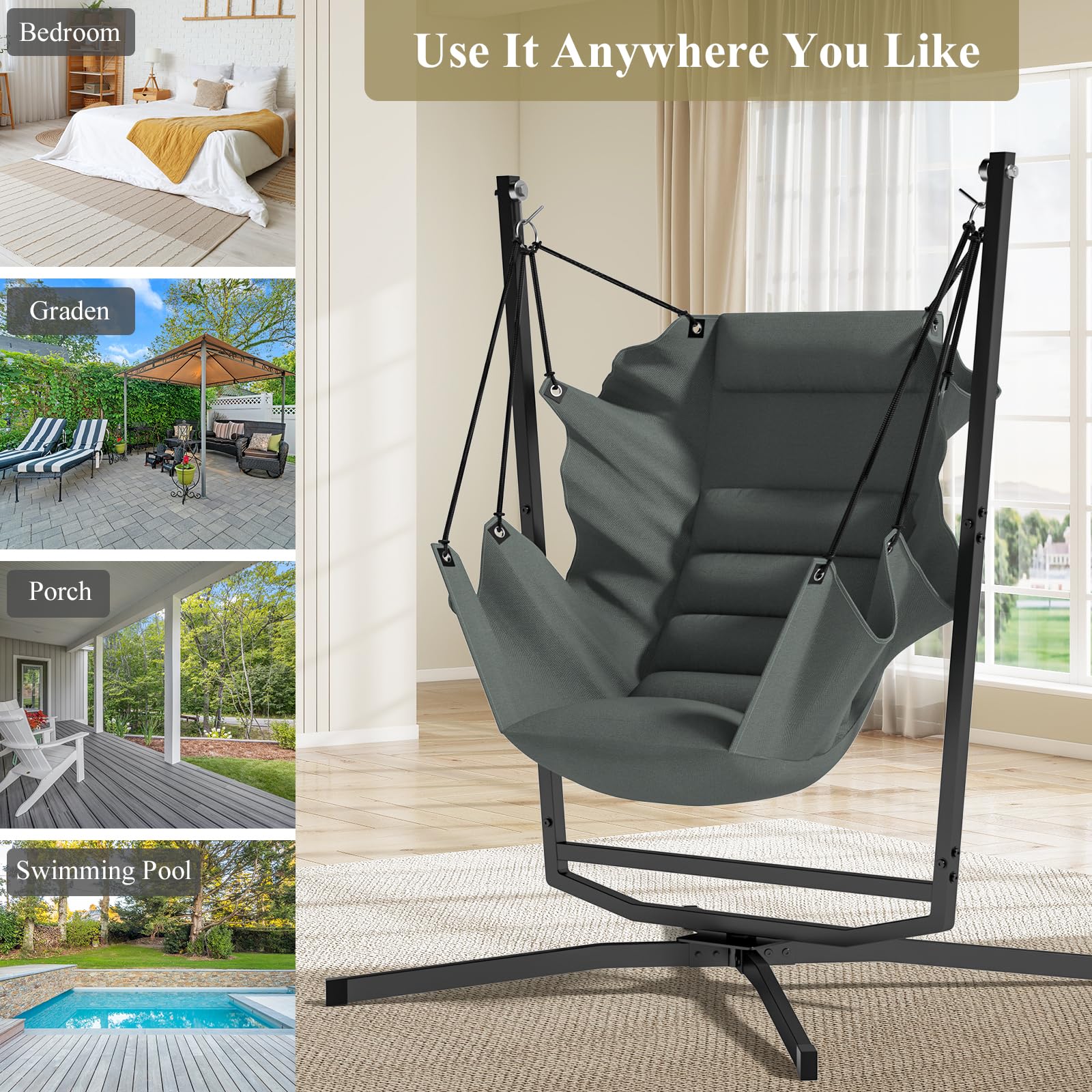Fauteuil suspendu avec coussin, charge maximale de 180 kg, avec structure, pivotant à 360°, pour l'intérieur et l'extérieur, pour chambre à coucher, terrasse, véranda, terrasse, jardin, balcon (gris)