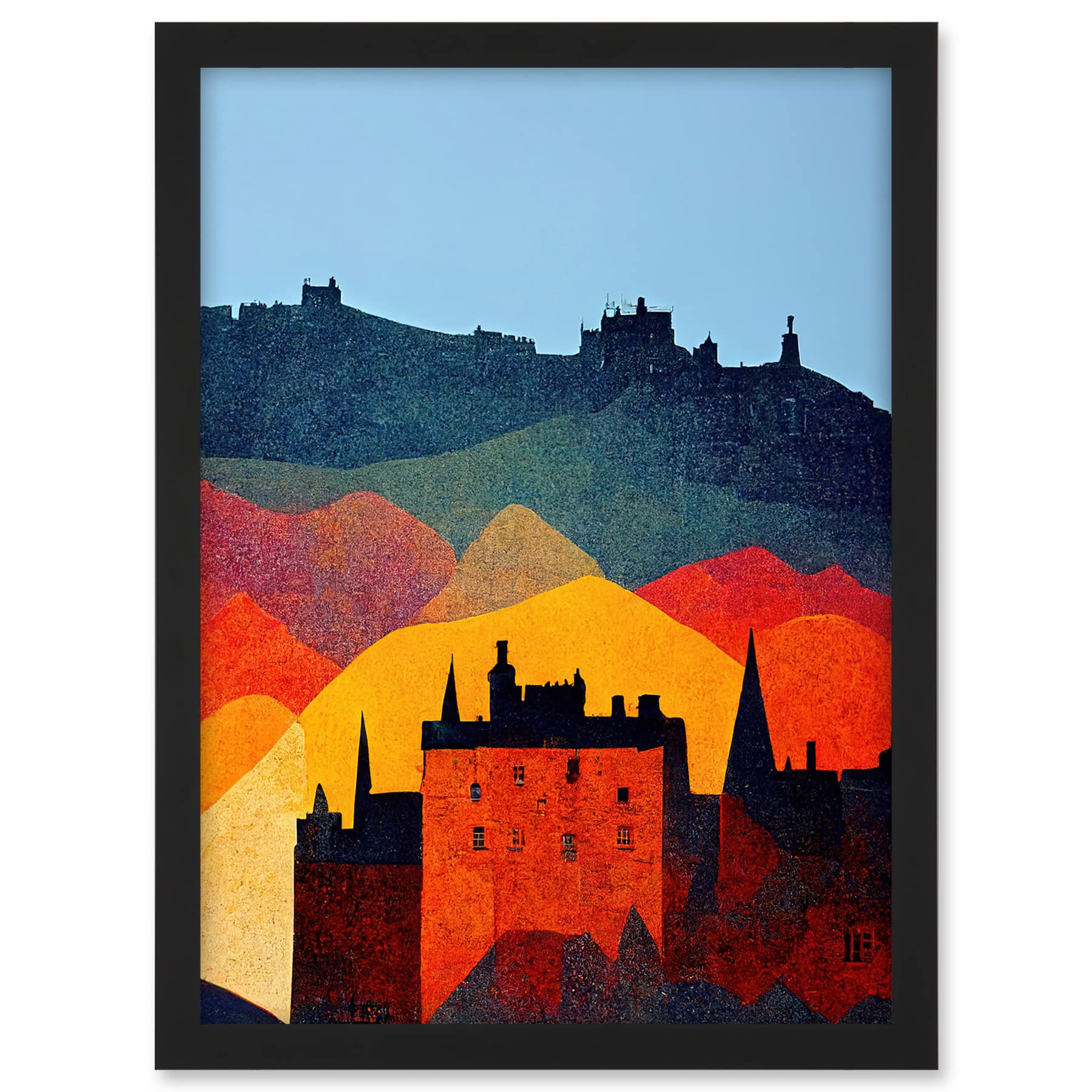 Wee Blue Coo Edinburgh in Autumn Scotland Scottish Modern Folk Art Multi Coloured Cityscape Artwork Framed A3 Wall Art Print