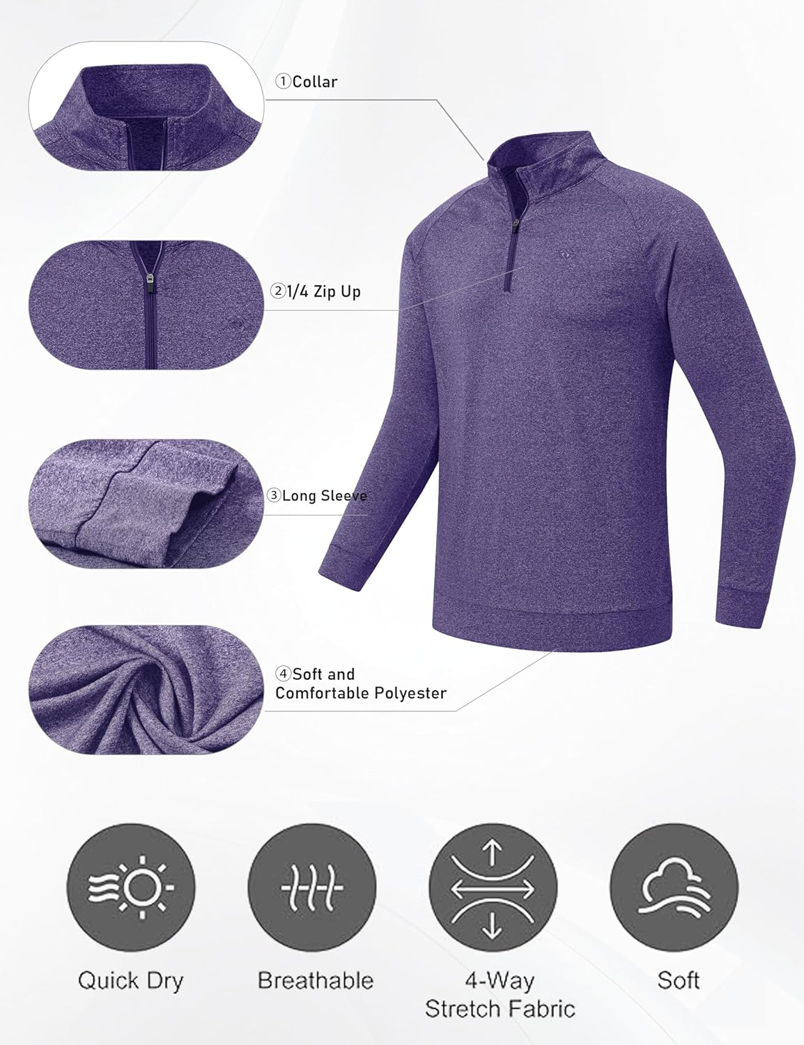 MoFiz Men's Long Sleeve Shirts Quarter Zip Pullover Men's Polo Shirts Quick Dry - Image 6