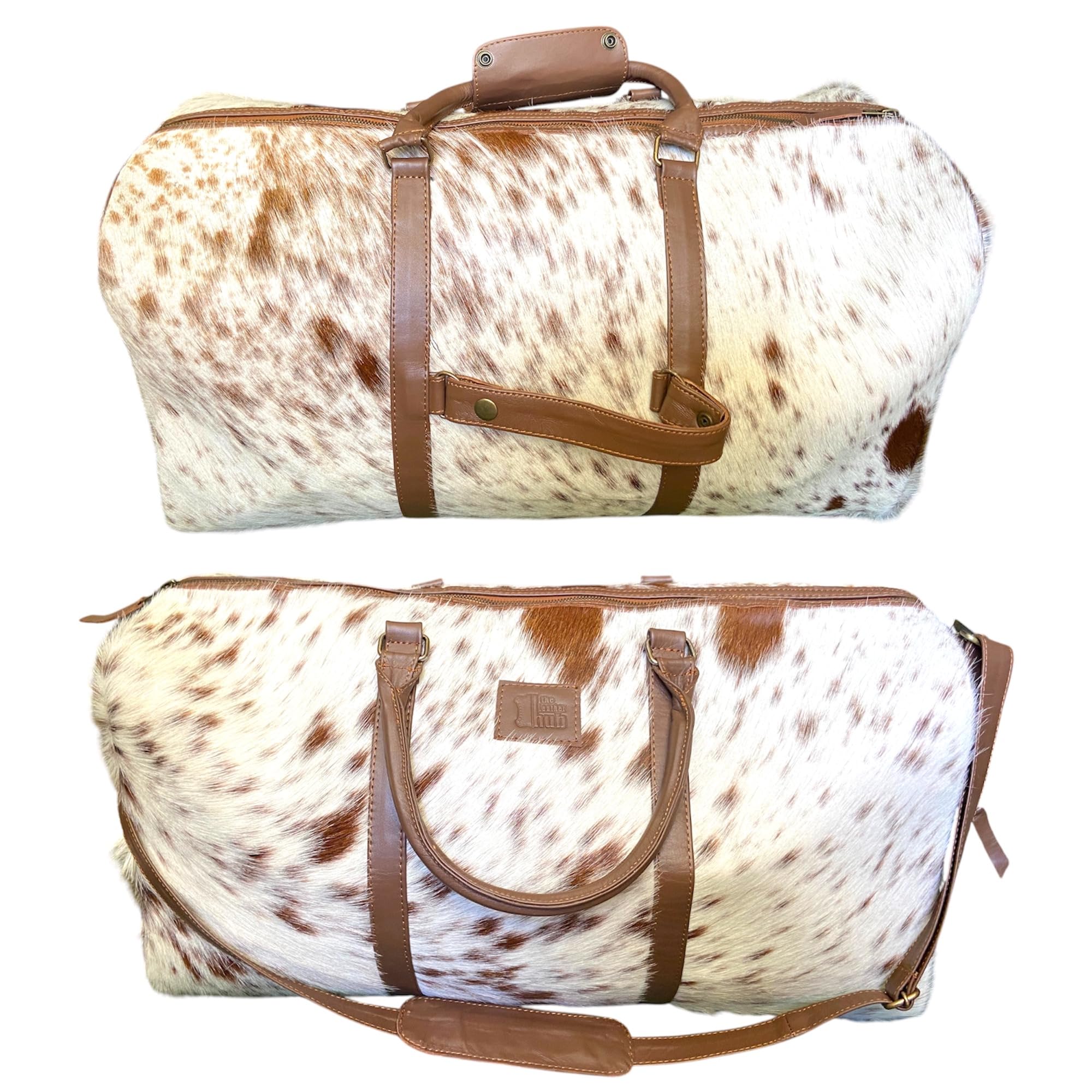 Bolsa de viaje unisex de piel de vacuno auténtica, bolsa de viaje para fin de semana, equipaje de noche de cuero vacuno marrón blanco con correa para el hombro, bolsa de viaje de mano, bolsa de viaje