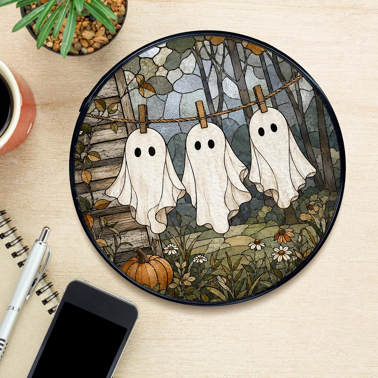 Funny Halloween Stained Glass, Rustic Ghost Suncatcher Funny Halloween Ghost Laundry Day Stained Glass Window Hanging Round Wall Art, Rustic Farmhouse Round Wall Decorations 7.8x7.8in image 5