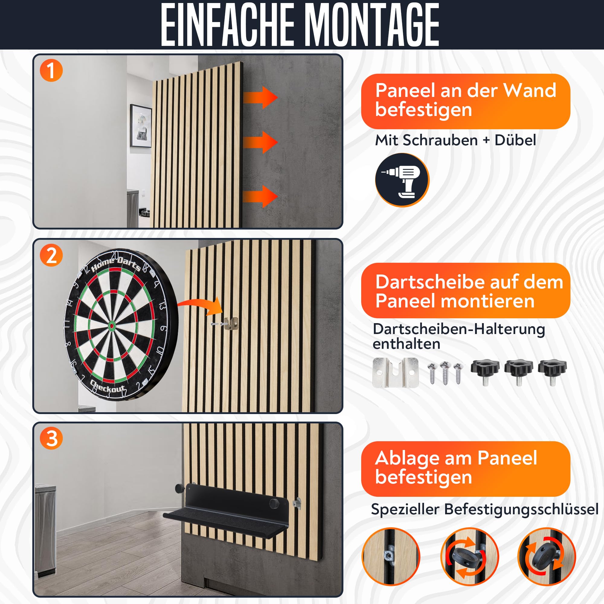 HOME LOVE® Dartscheibe Steeldart mit Dart Wandschutz & Ablage – Premium Sisal Dartboard Set mit 6 Steel-Darts & schalldämmender Rückwand – Steeldartscheibe Geschenk für Dart-Fans