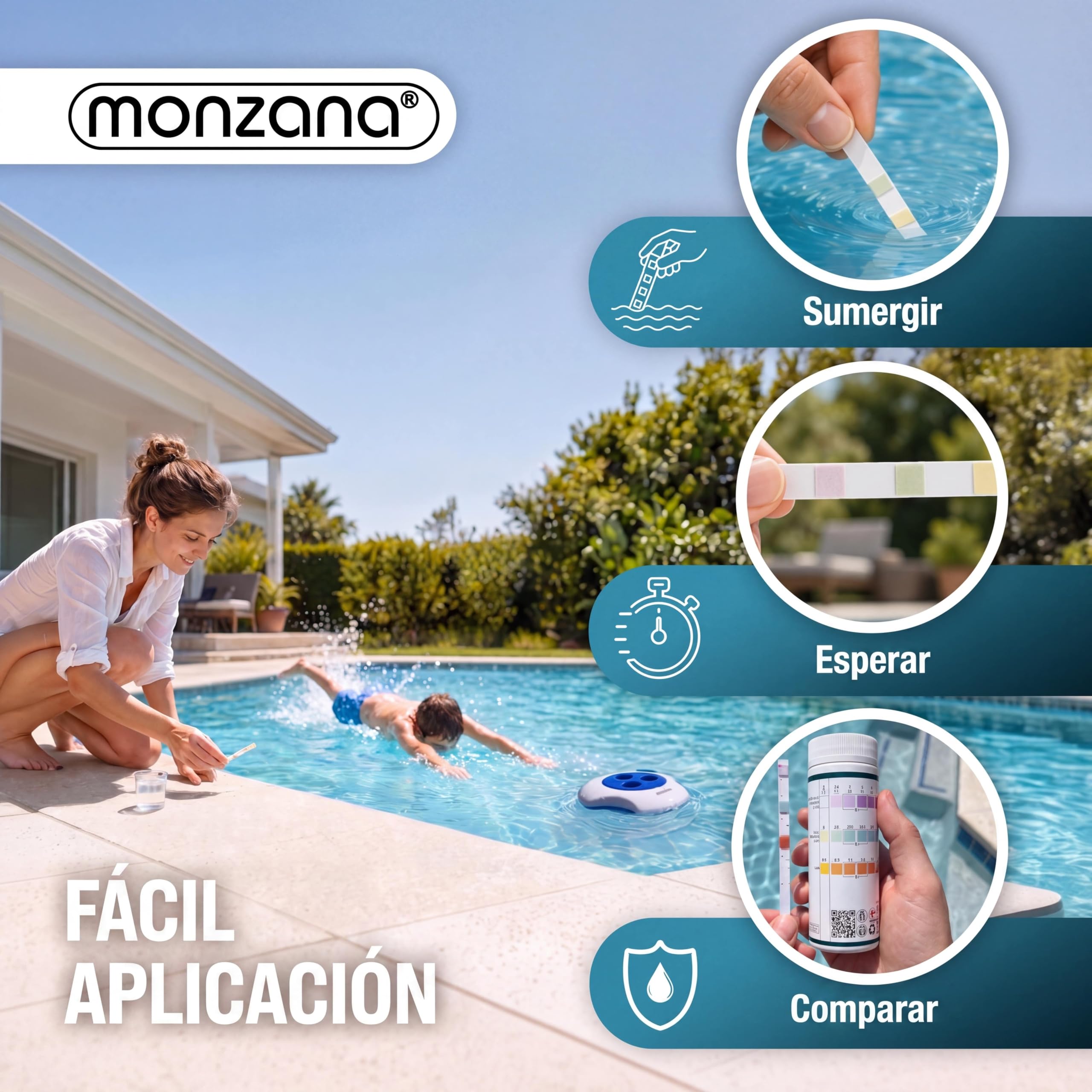 MONZANA® Dispensador Cloro Piscina para Tabletas de 20-200 g Incluye 150 Tiras Reactivas 3 en 1 PH Dosificador Flotante con Termómetro Resistente Rayos UV Duradero