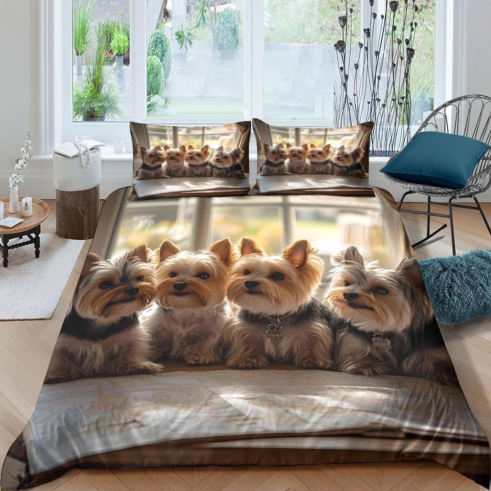GPLZQXKJNH 3D Printed Cute Yorkshire Terrier Duvet Cover Microfiber Soft Breathable Dog Puppy Bedding Set with 2 Pillowcases for Bedroom Decor Single（135x200cm）