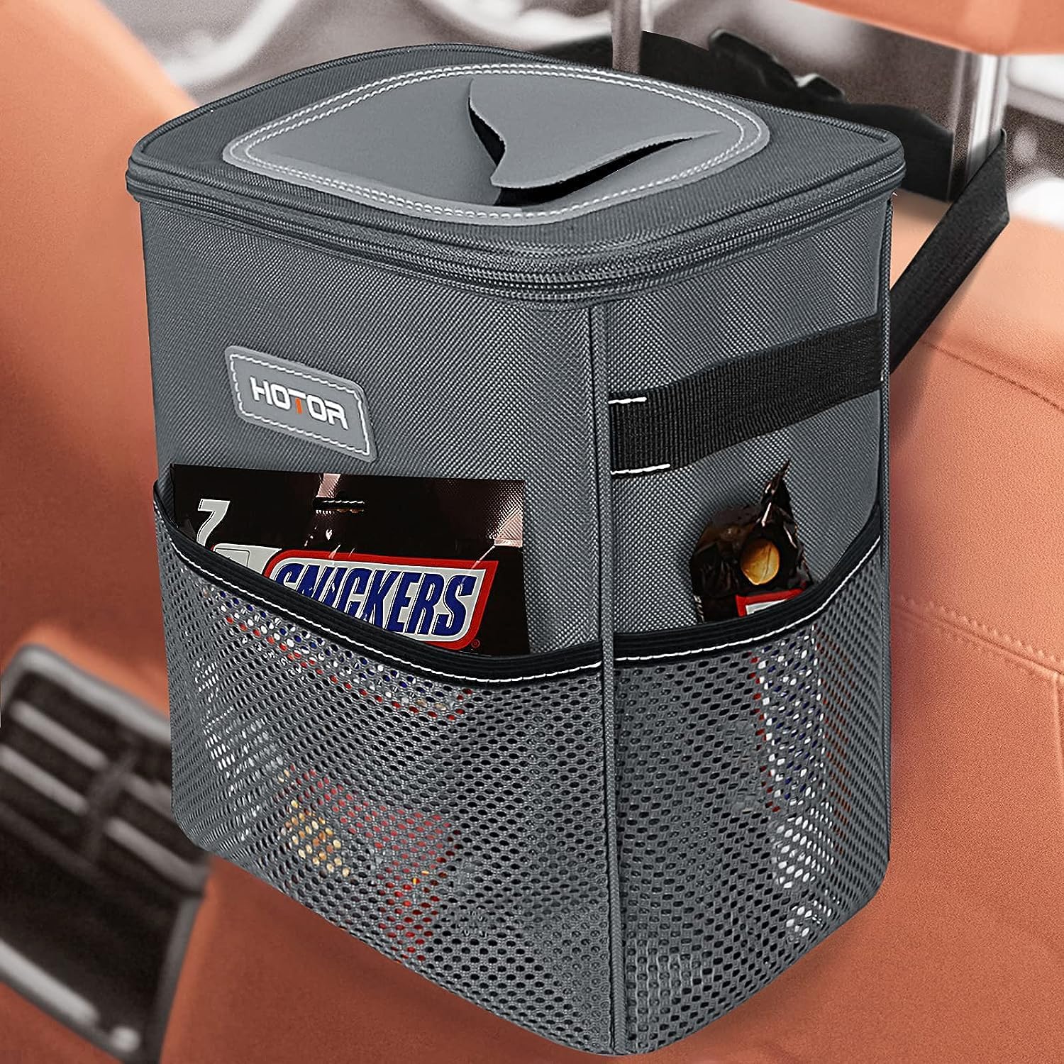 HOTOR Foldable, Waterproof Car Bin with Lid, Multipurpose Rubbish Bin, Adjustable Straps, Multiple Pockets, Grey