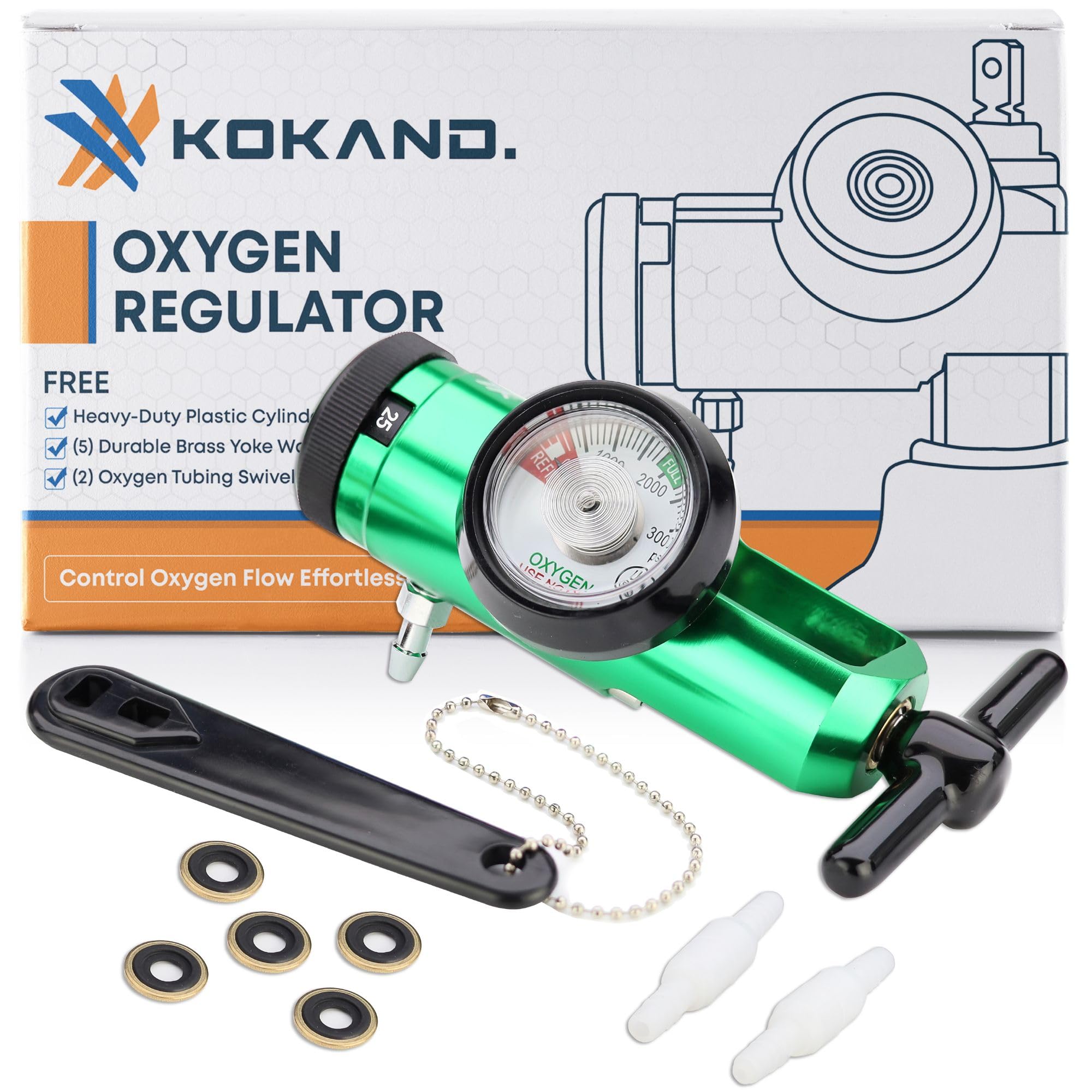KOKAND Oxygen Regulator 0-25LPM - Oxygen Tank Regulator with Gauge, CGA-870 Fitting - Includes Wrench Key, 5 Brass Yoke Washer Seals, and 2 Tubing