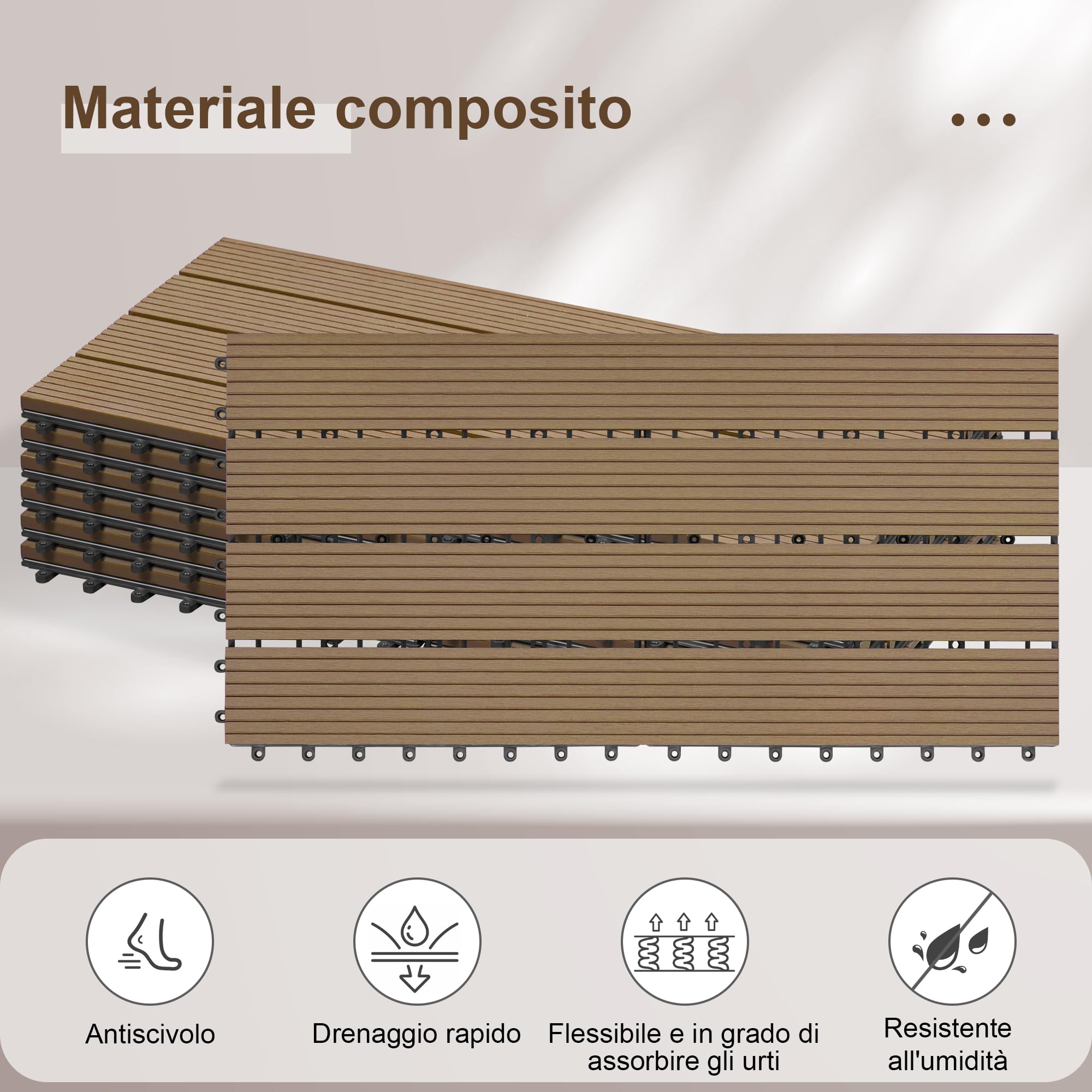 Laneetal Set di 12 Pavimento per Esterno, Pavimento WPC Incastro, per Giardino, Patio, Terrazza, Balcone, Pavimentazione Esterna 30x60 cm, Marrone Chiaro