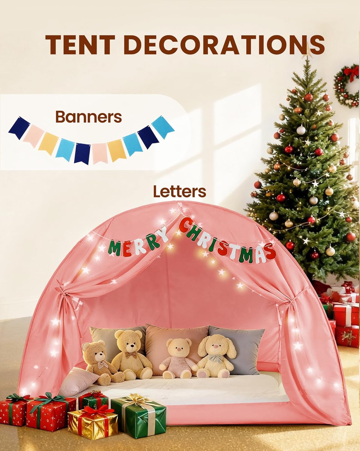 OutdoorMaster Twin Bed Tent for Kids, Bed Tent Twin Size with Letters & Flags, Privacy Space Bunk Bed Tents, Easy Setup Indoor Floor Bed Canopy, Dream Playhouse Gifts for Toddler, Girls, Boys