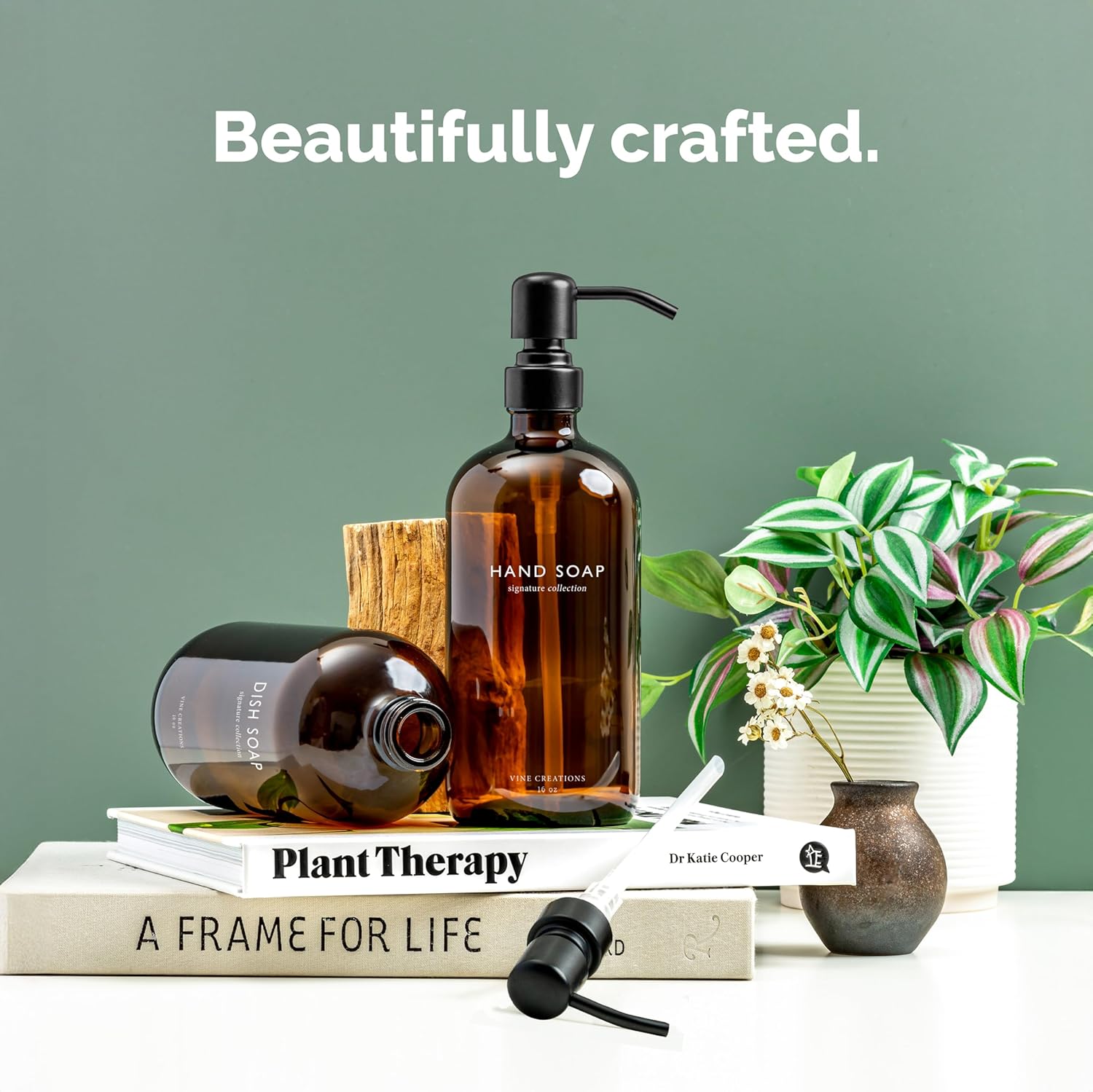 Vine Creations Amber Glass Soap Dispenser Set, Dish Soap and Hand Soap Dispenser Set with Stainless Steel Pump, 16 oz Glass Dispensers for Kitchen or Bathroom Decor (Amber Bottle/Matte Black Pump) - Image 2