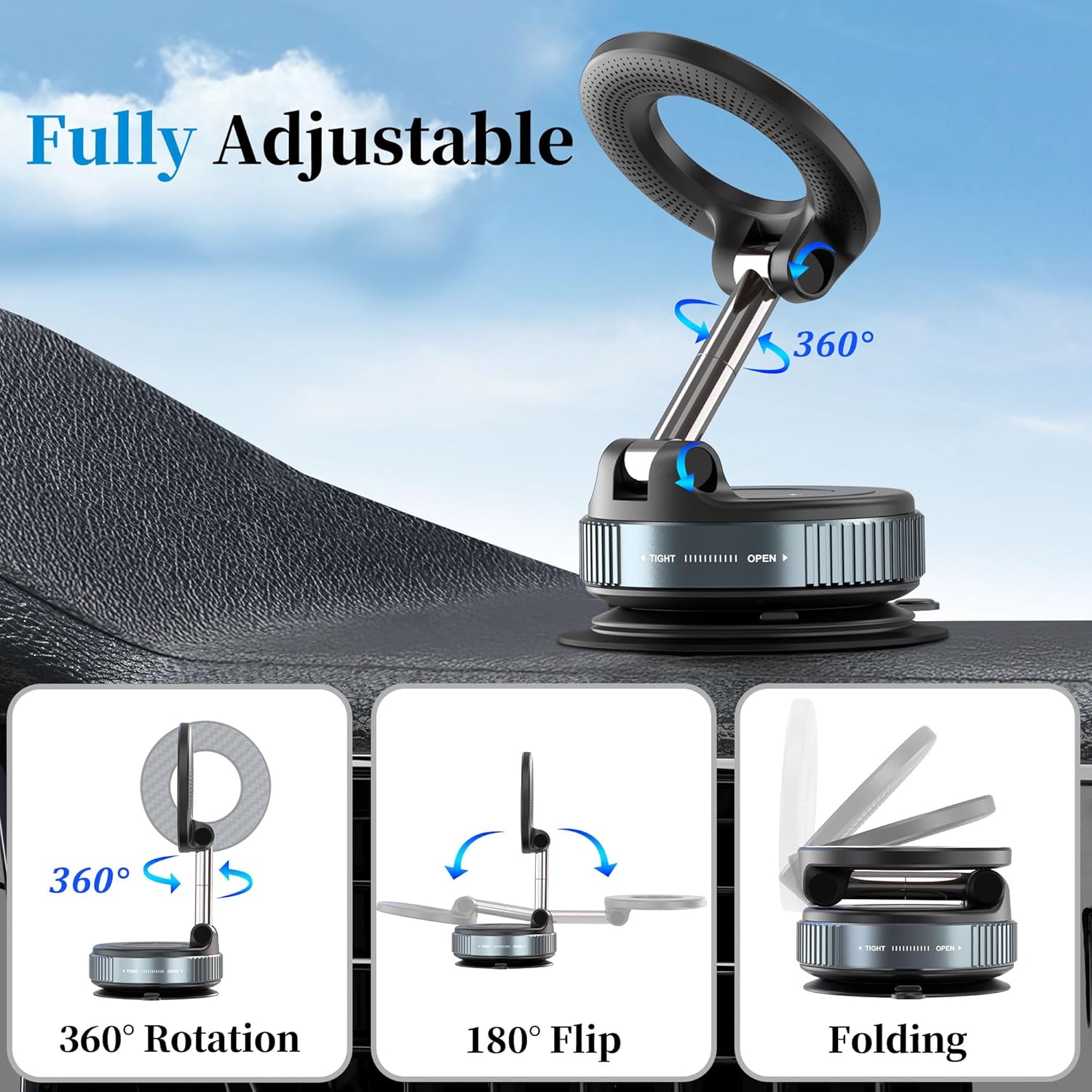PlusAcc Vacuum Magnetic Car Phone Holder - Suction Cup Phone Mount 360° Rotatable Foldable Portable Strong Magnet Stand for iPhone 16/15/14/13 & Samsung in Gym, Mirror,Smooth Surface, All Vehicles - Image 5