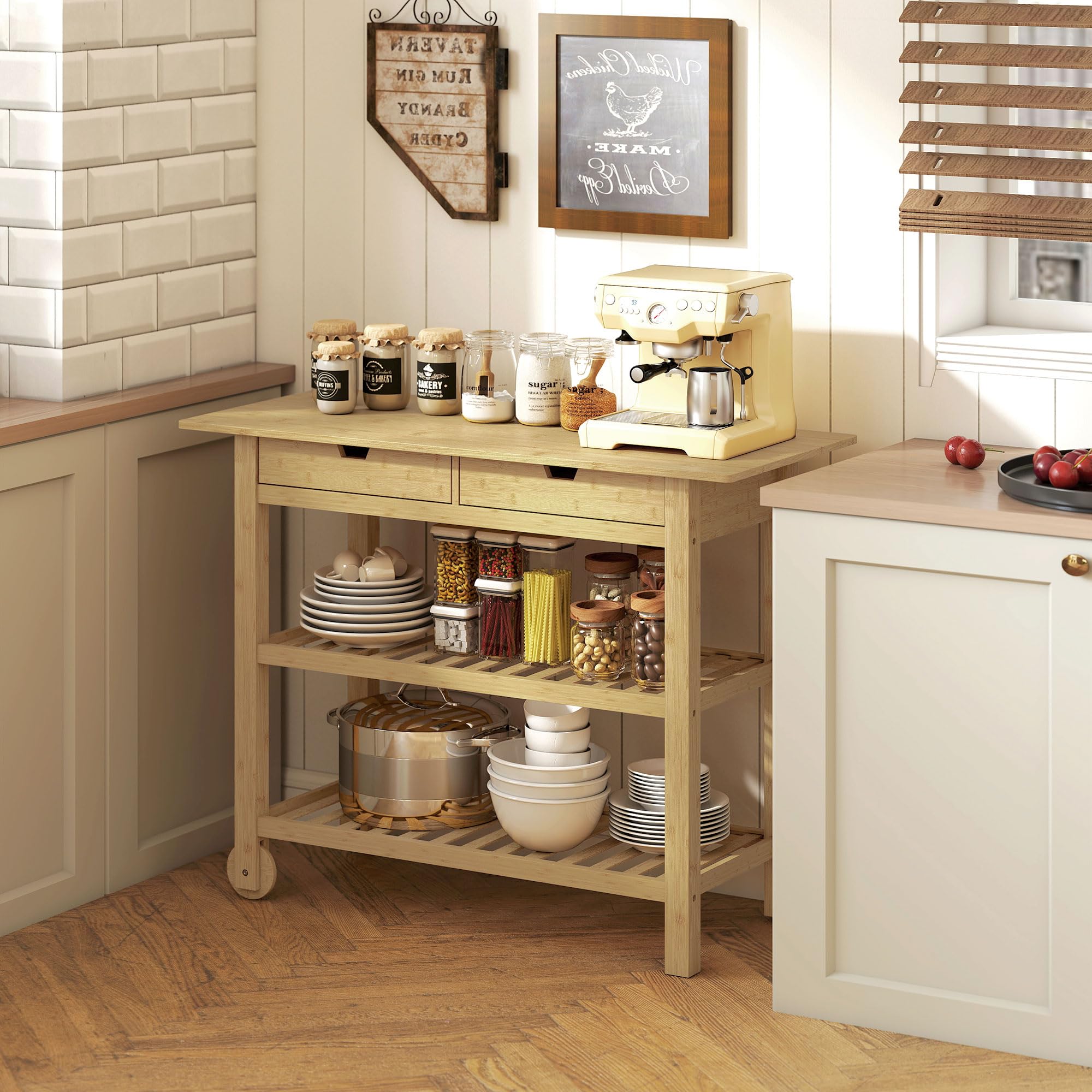 HOMCOM Carrello Cucina in Bambù con 2 Rotelle e 2 Gambe, Carrello Cucina Salvaspazio con 2 Ripiani a Doghe e 2 Cassetti, Carrellino Portaoggetti Multiuso per Soggiorno, 100x43x75 cm, Color Legno