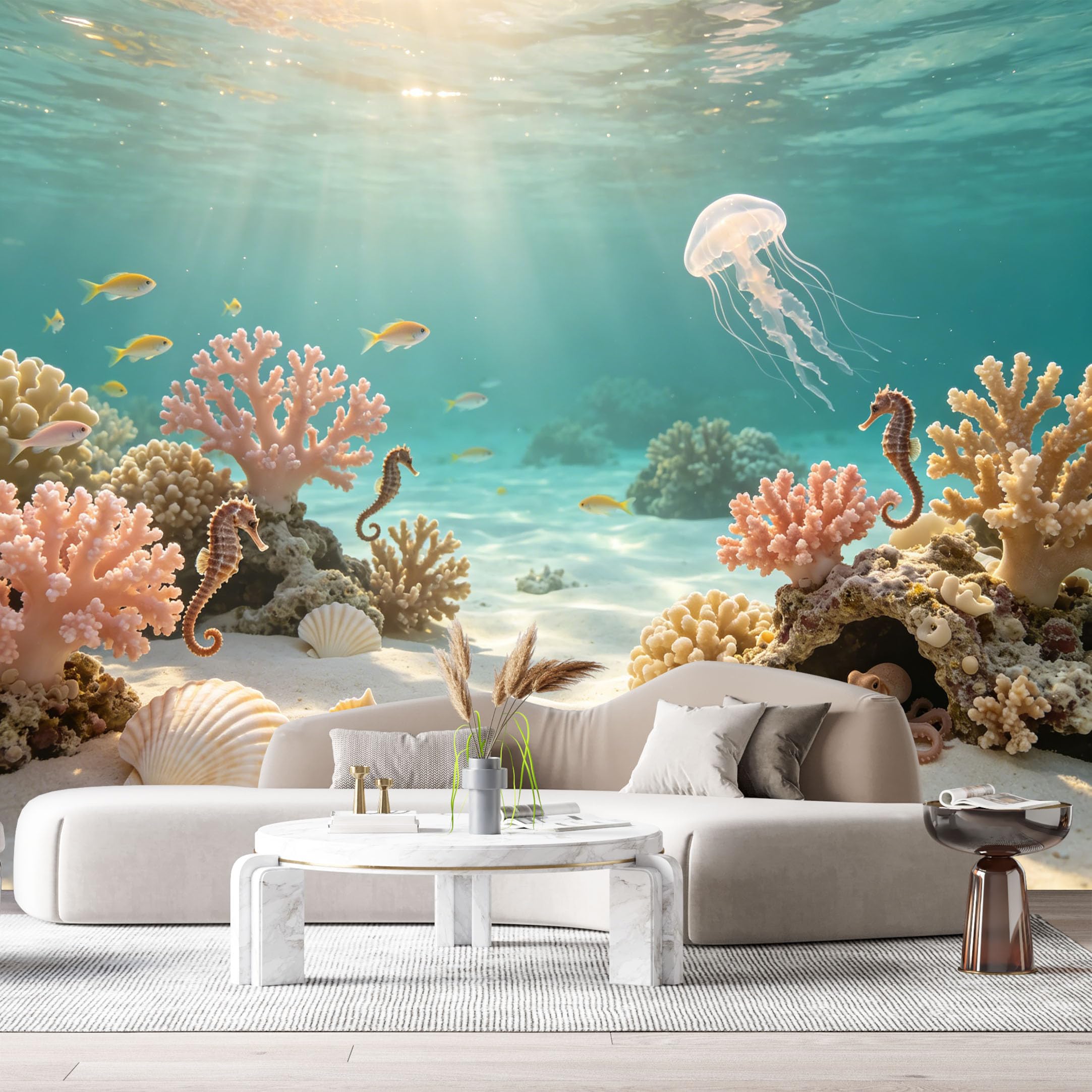 Custom Size Wall Murals Underwater Marine Life Coral Reef Jellyfish Seahorse Octopus SelfAdhesiveWall Fabric Removable Wallpaper Wall Decor for Living Room Bedroom Bathroom