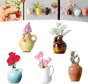 Mini Vase Magnets for Fridge - 3D Magnetic Ceramic Flower Vases, Cute Tiny Plant Pot Magnets Decor for Kitchen Refrigerator, Locker & Office 5