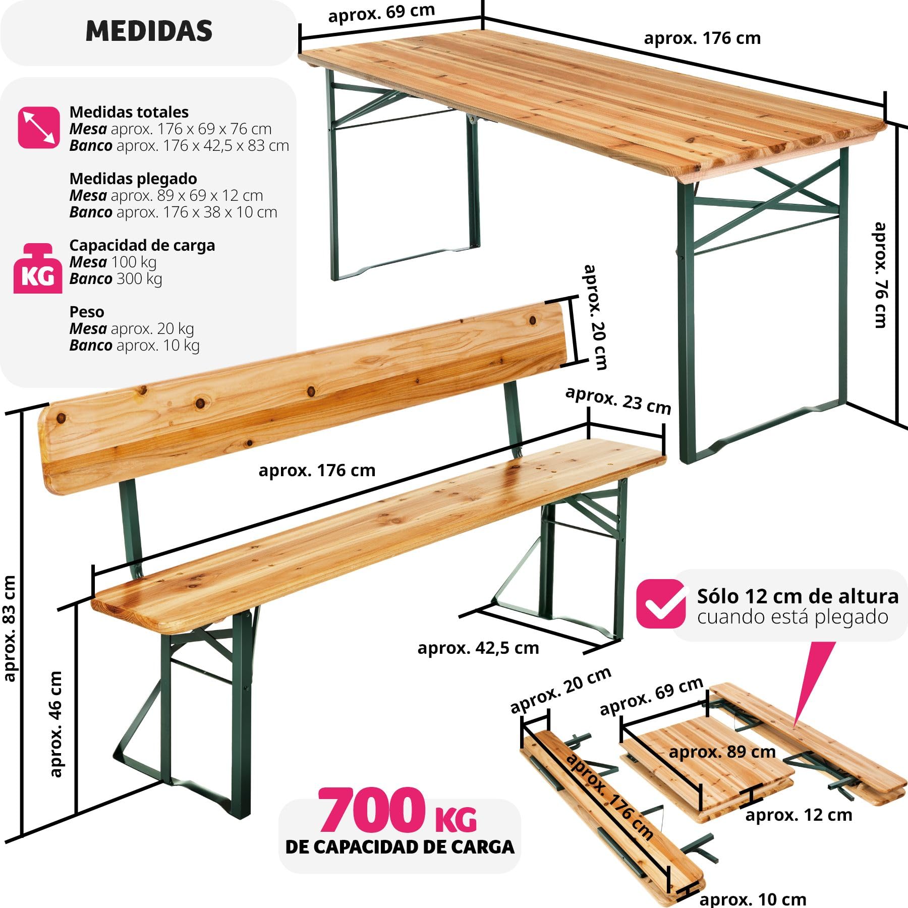 tectake® Conjunto Jardín Exterior, Mesa y 2 Bancos Madera de Abeto Barnizada, Plegables, Estables y Resistentes, Respaldo Extraíble, Fácil Almacenamiento y Transporte, Ideal Camping, Terraza, Picnic