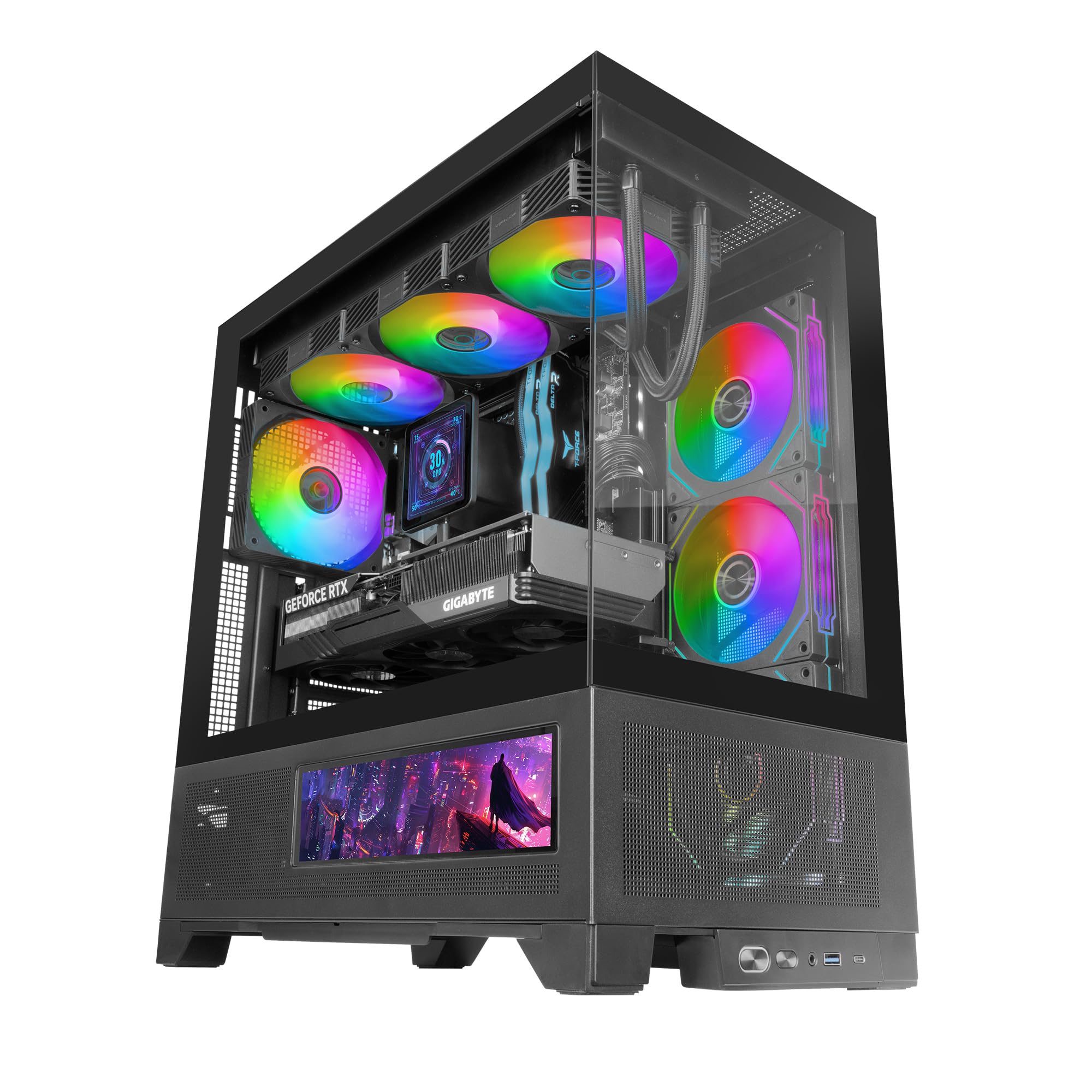 Mars Gaming MC-​LCDX, Boîtier Gaming ATX, Écran IPS 9.16" et Connexion HDMI, Verre Trempé Continu, Panneau Inférieur Full Mesh, Double Chambre, Support Refroidissement Liquide Jusqu'à 360mm, Noir