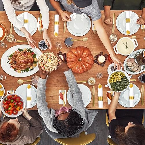 Miniatura 7 de Juego de cubiertos de plástico dorado preenrollado, paquete de 300 cubiertos de plástico envueltos con servilletas, tenedores, cuchillos y cucharas,