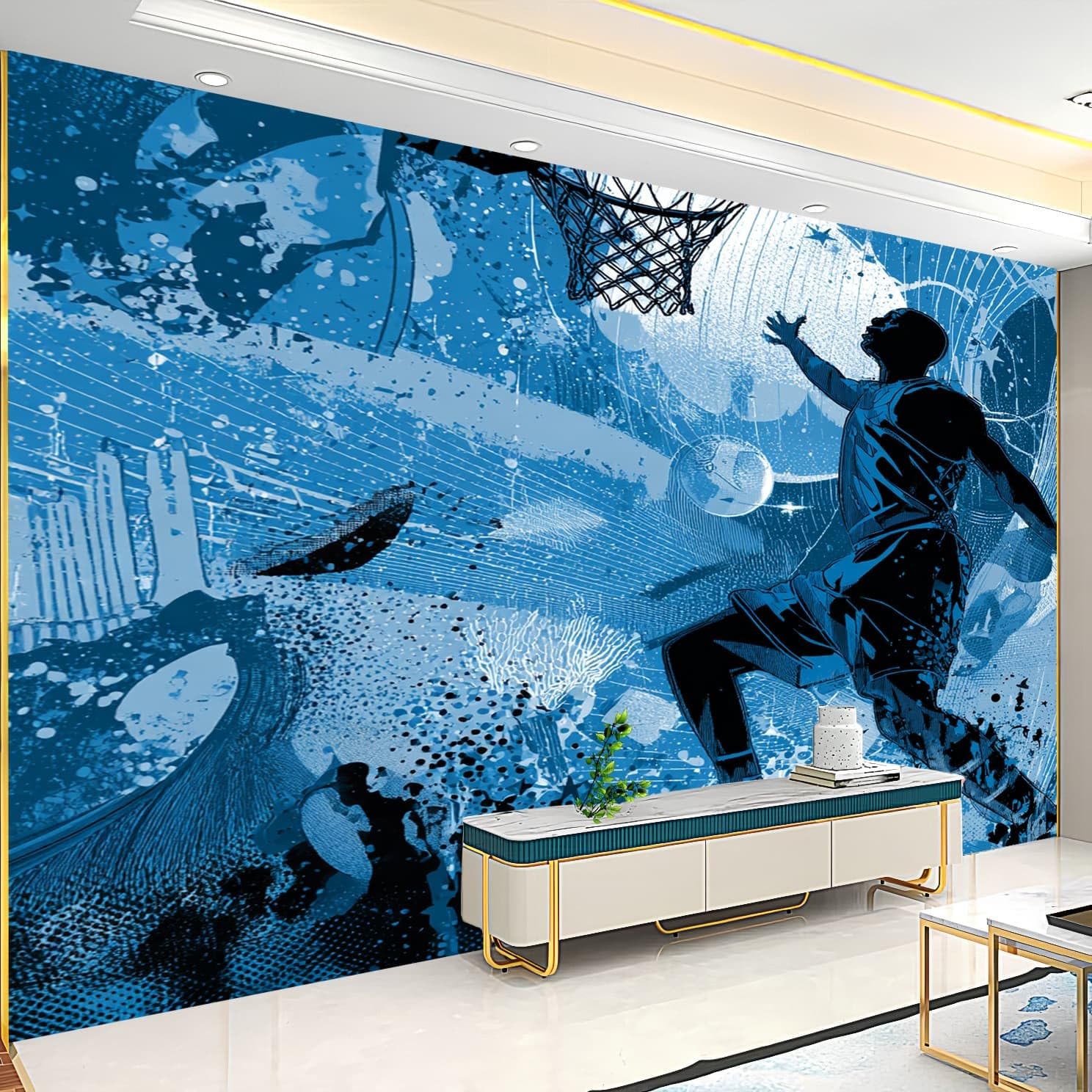 Générique Panoramiczna tapeta 3D 300 x 210 cm wzór sportowy koszykówka włóknina ścienna niebieski plakat ścienny do salonu dorosły pokój dziecięcy dekoracja gabinetu