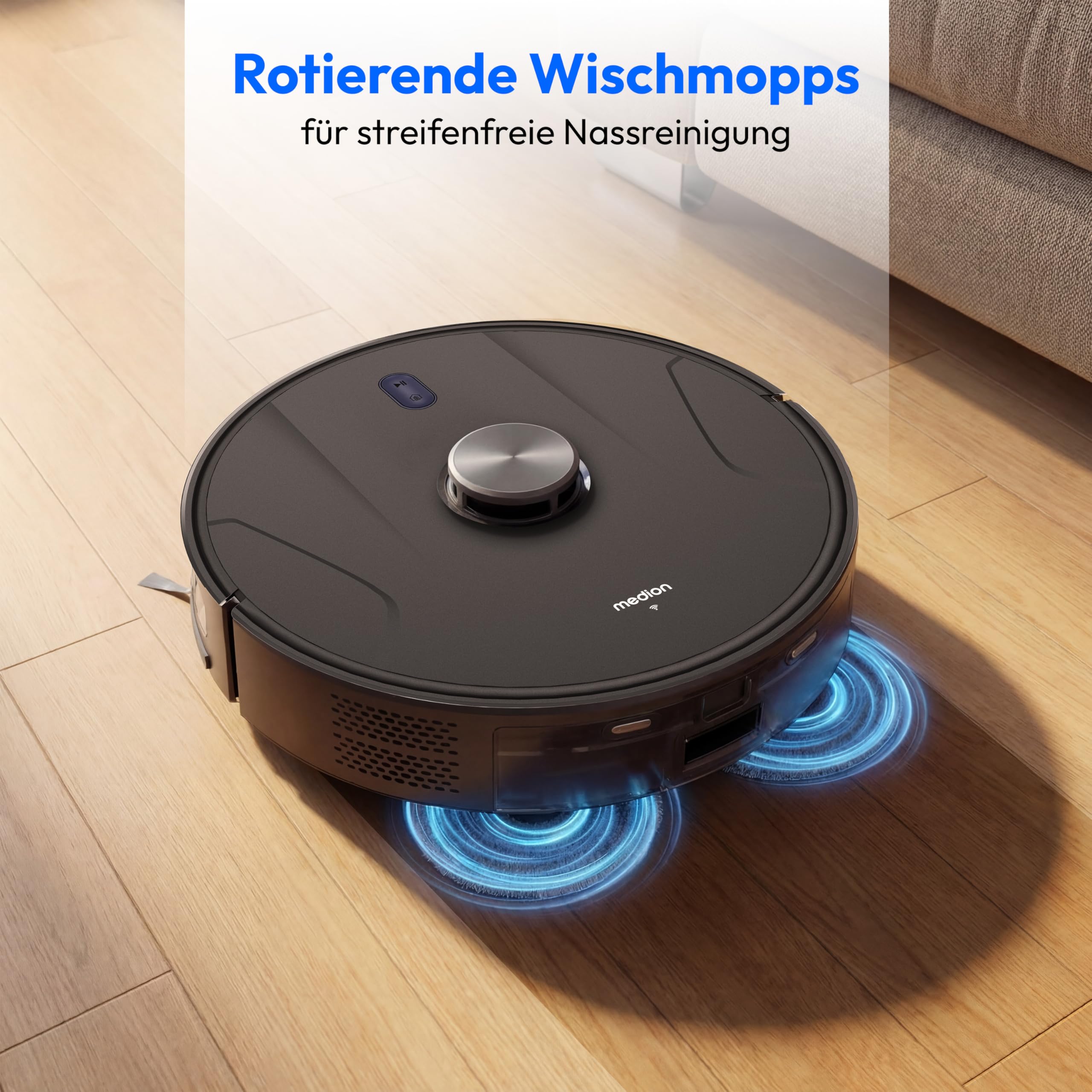 MEDION Saugroboter mit 2-in-1 Absaugstation, Lasernavigation und Wischfunktion X51 SW+ (Starke 10000Pa Saugkraft, 2in1 Roboterstaubsauger, rotierende Wischmopps, Kreuzlinienlaser) grau