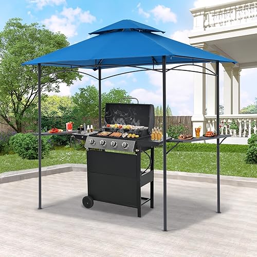 Verano Garden 8’x 5’ Grill Gazebo, Double Tiered Patio Canopy Tent with Vented Top, Outdoor BBQ Gazebo with Stable Steel Frame and Side Shelves for Backyard Grilling (Blue)