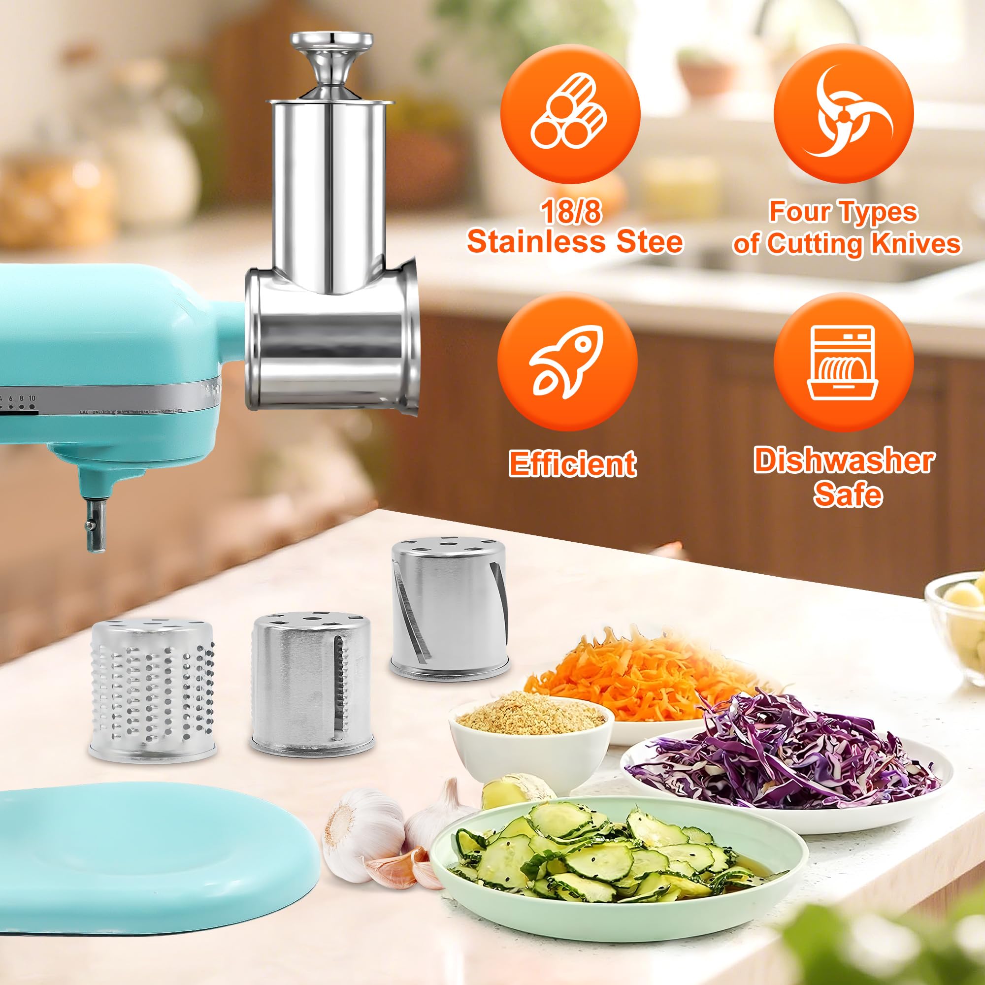 Edelstahl Slicer Shredder für KitchenAid Mixer Aufsatz Gemüse & Käsereibe Aufsatz mit 4 Klingen (fein, mittel, grob, Hobel), mit Knauf, spülmaschinenfest, Haltbarkeit