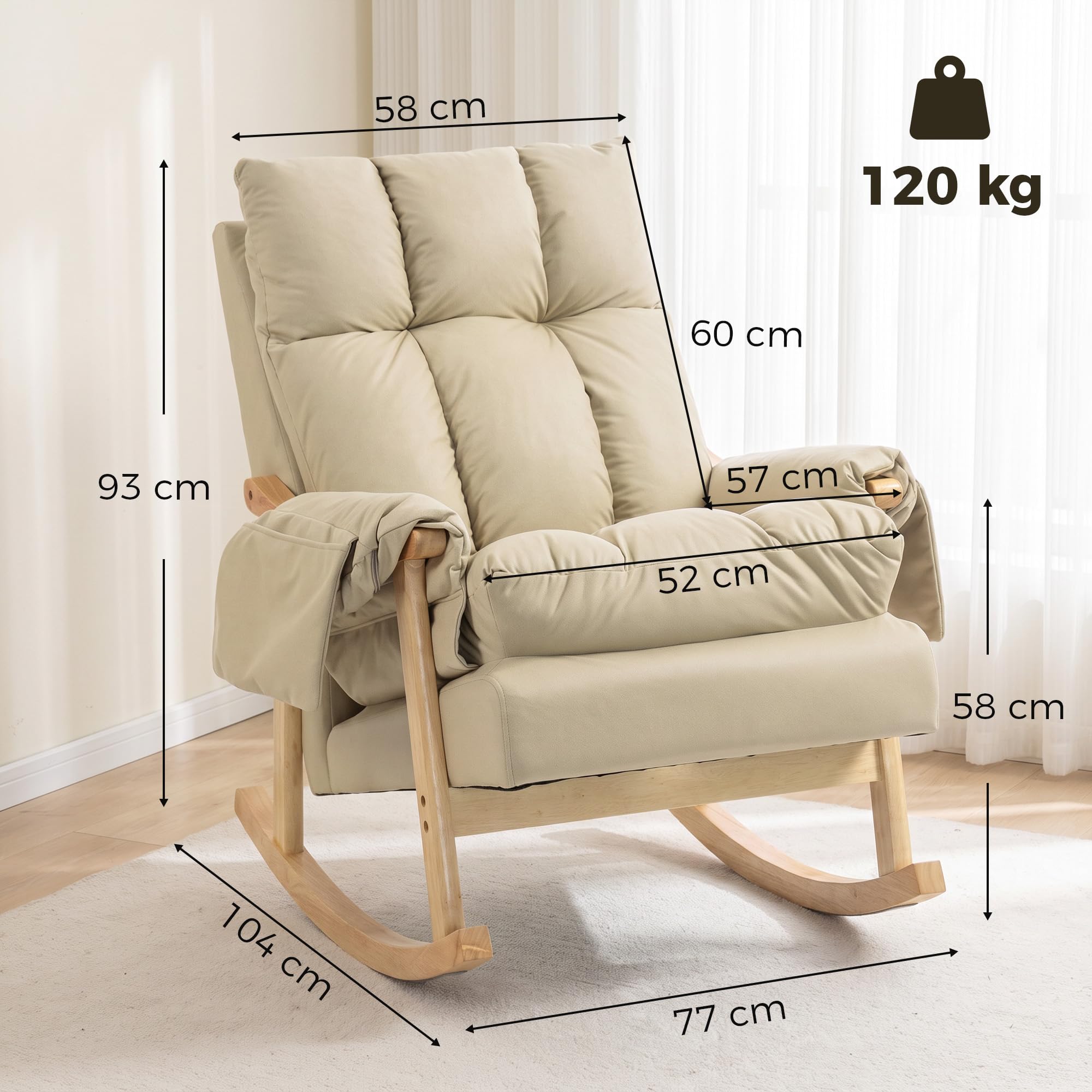 HOMCOM Silla Mecedora de Cuero Sintético Bolsillos Patas de Madera Beige