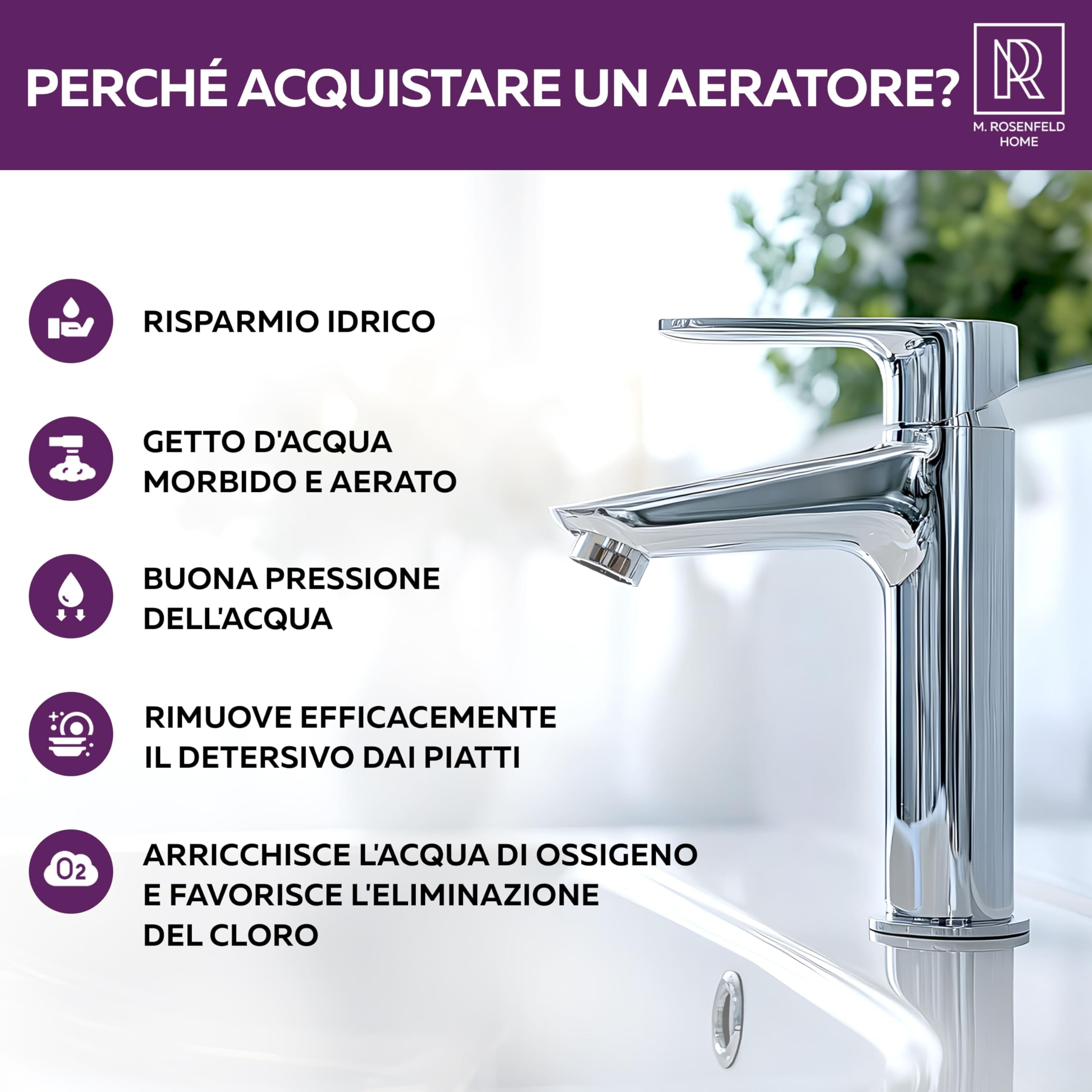 Prodotto Italiano - Rompigetto Rubinetto Cucina M24 - Aeratore per Rubinetto High-Tech - Risparmio Idrico e Filtrazione - Flusso d'Acqua 5 L/min - Anticalcare per Rubinetti da Cucina e Bagno