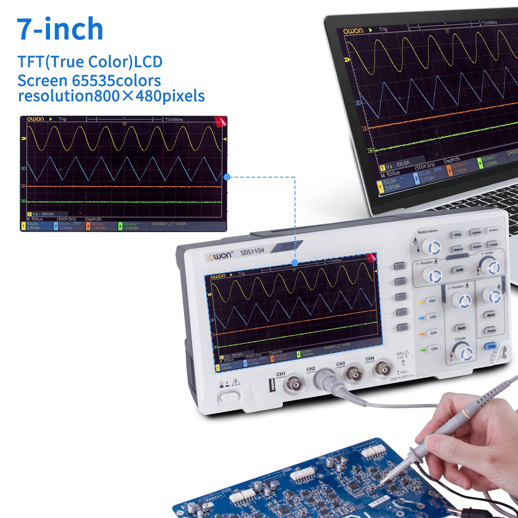 OWON SDS1104 Oscilloscopio digitale a 4 canali larghezza di banda 100 MHZ, frequenza di campionamento 1GS/s, corpo ultrasottile con LCD ad alta risoluzione da 7 pollici