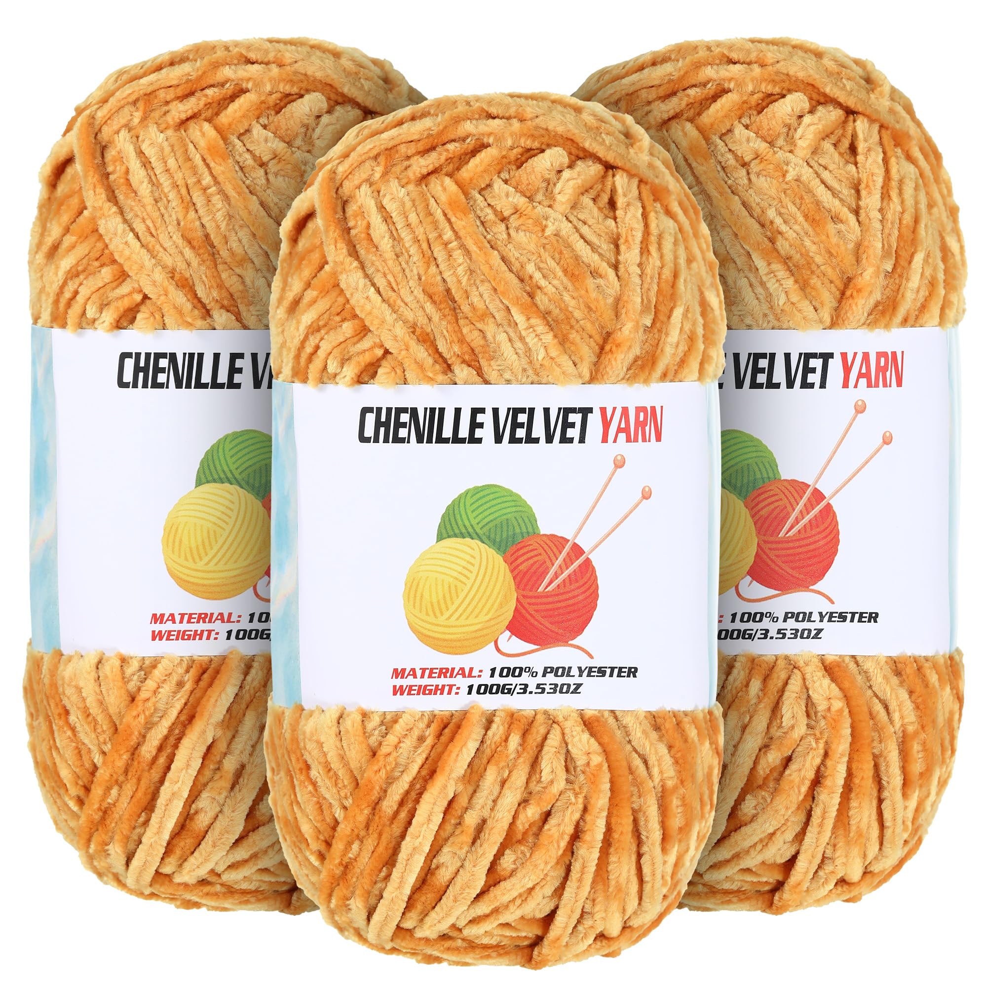 3 * 100g Velvet Chenille Chunky Yarn for Crocheting, Handcrafts Weaving Soft Chenille Yarn for Crocheting Clearance, Used for Making Baby Yarns Blanket, Clothes, Knitting Creations (Turmeric)