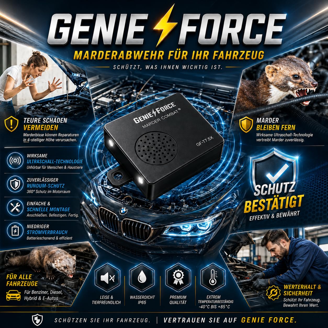Genieforce [2 Set] Marder Combat+ Marderschutz, Marderschreck Ultraschallgerät, Marderabwehr fur Autos und Kraftfahrzeuge - GF-T7-5X