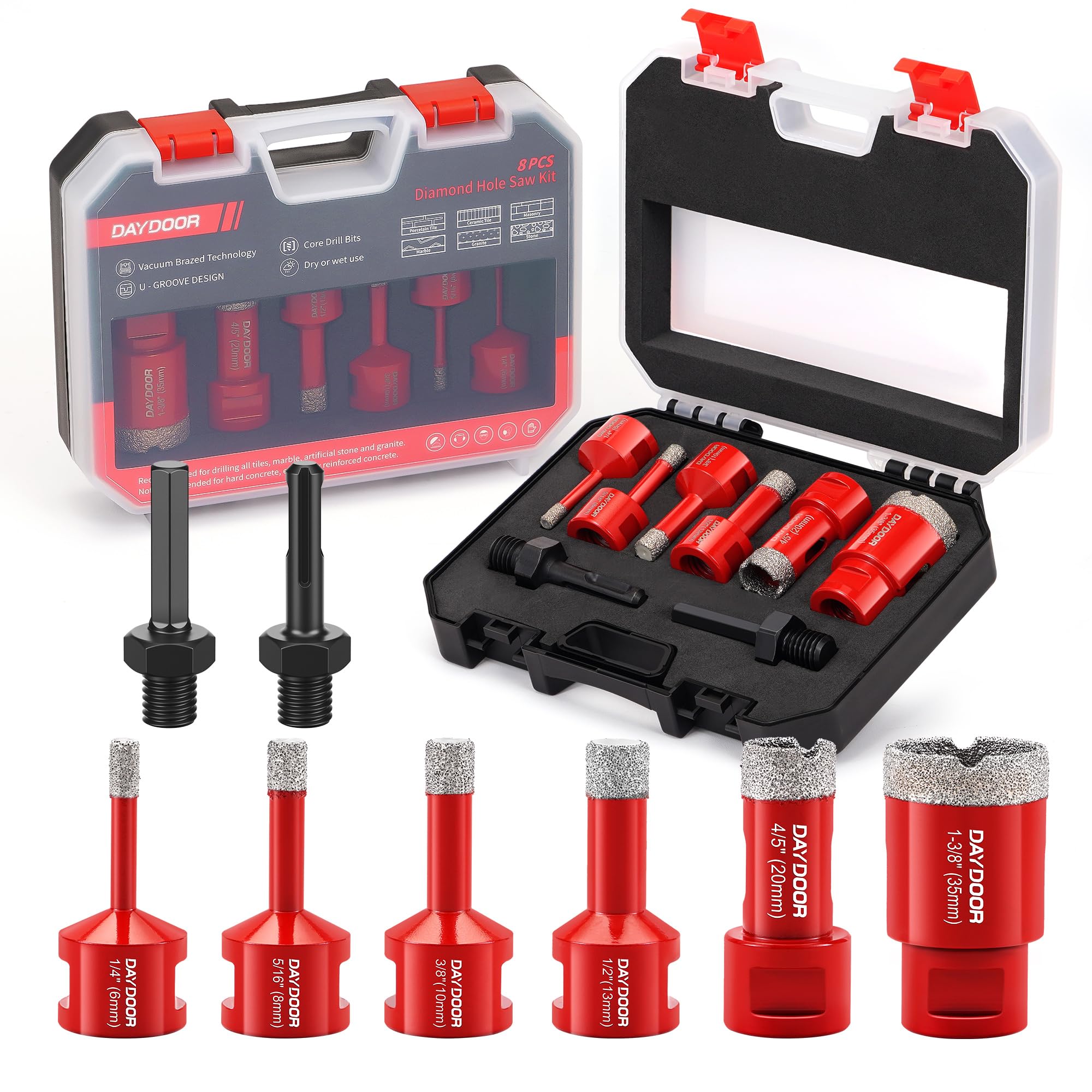 DAYDOOR Kit de sierra perforadora de diamante, kit de 8 piezas de sierra perforadora de azulejos 6/8/10/13/20/35+adaptador de vástago hexagonal y SDS, juego de brocas de núcleo de diamante para