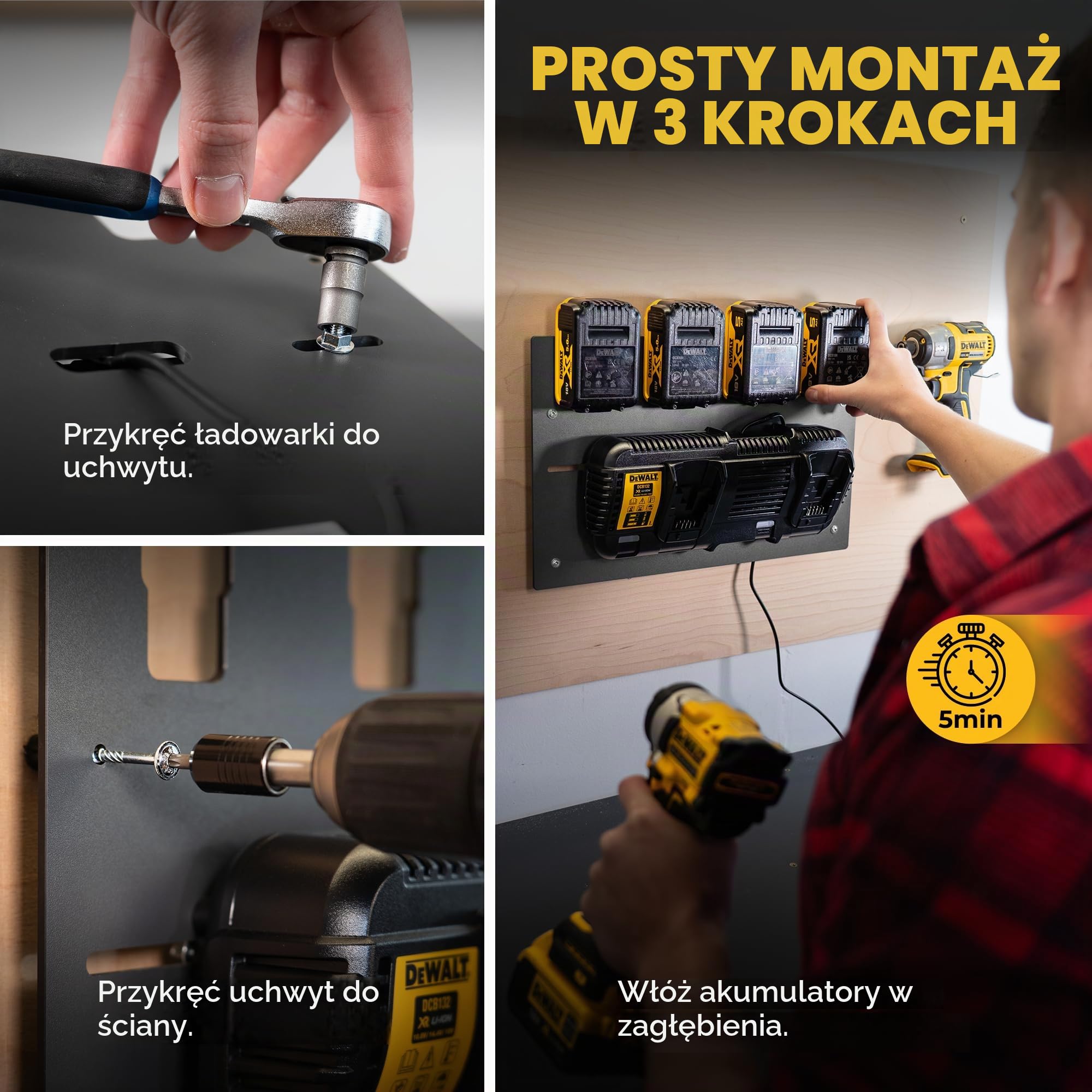 Wandfest Uchwyt ścienny do akumulatorów i ładowarek DeWalt | w zestawie materiał mocujący [Made in Austria] uchwyt na akumulator na 1-4 akumulatory | teraz więcej porządku w warsztacie i garażu